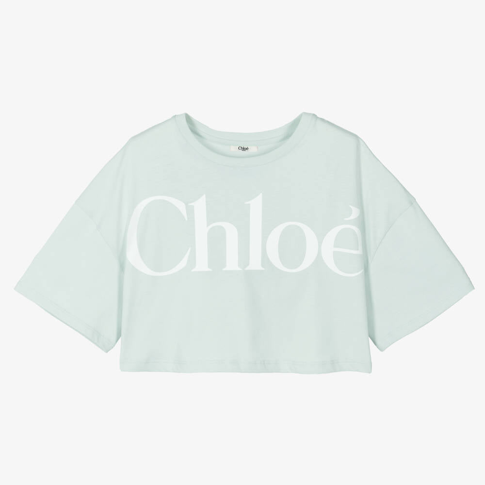 Girls Light Green Printed Logo Cotton T-Shirt