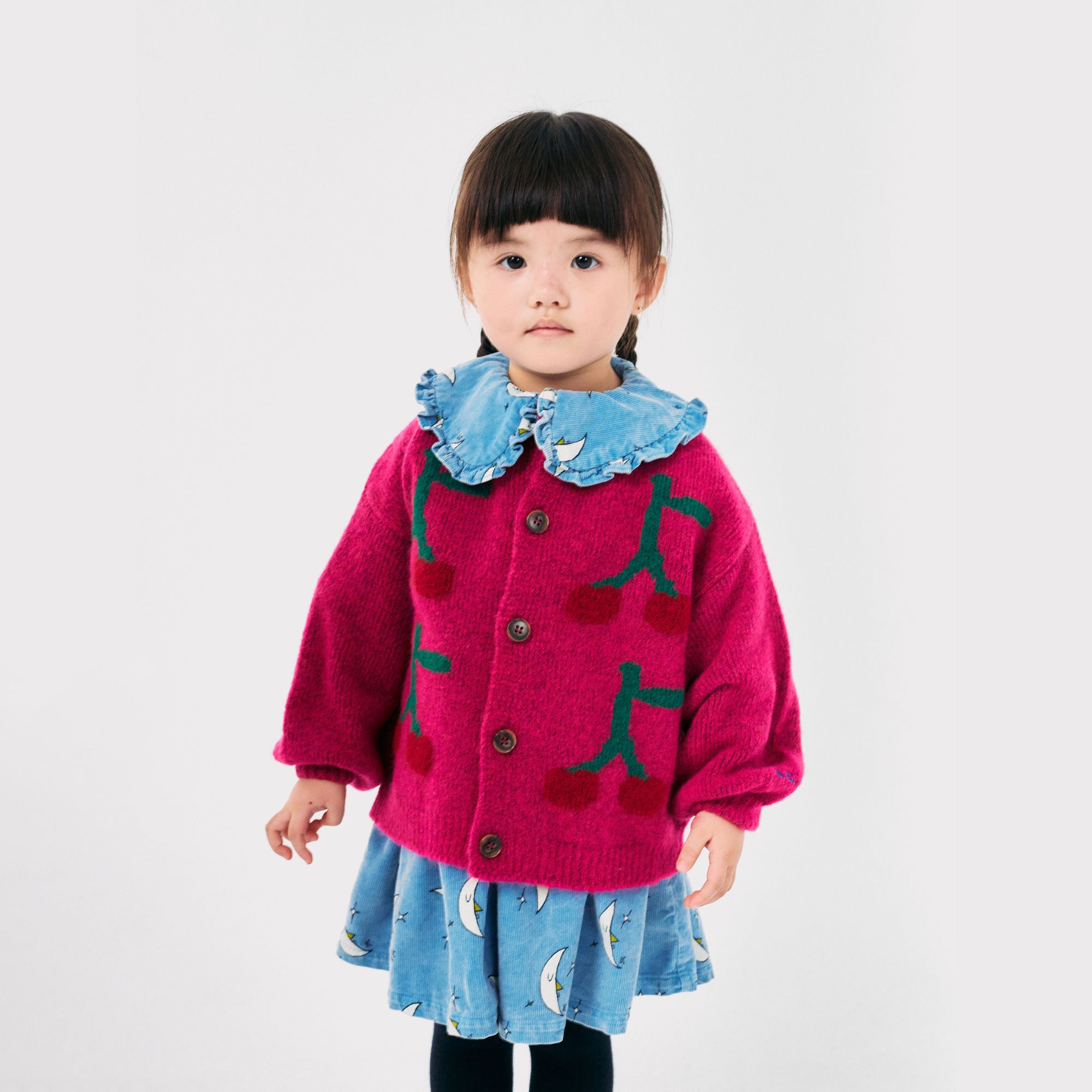 Girls Fuchsia Cherry Jacquard Cardigan