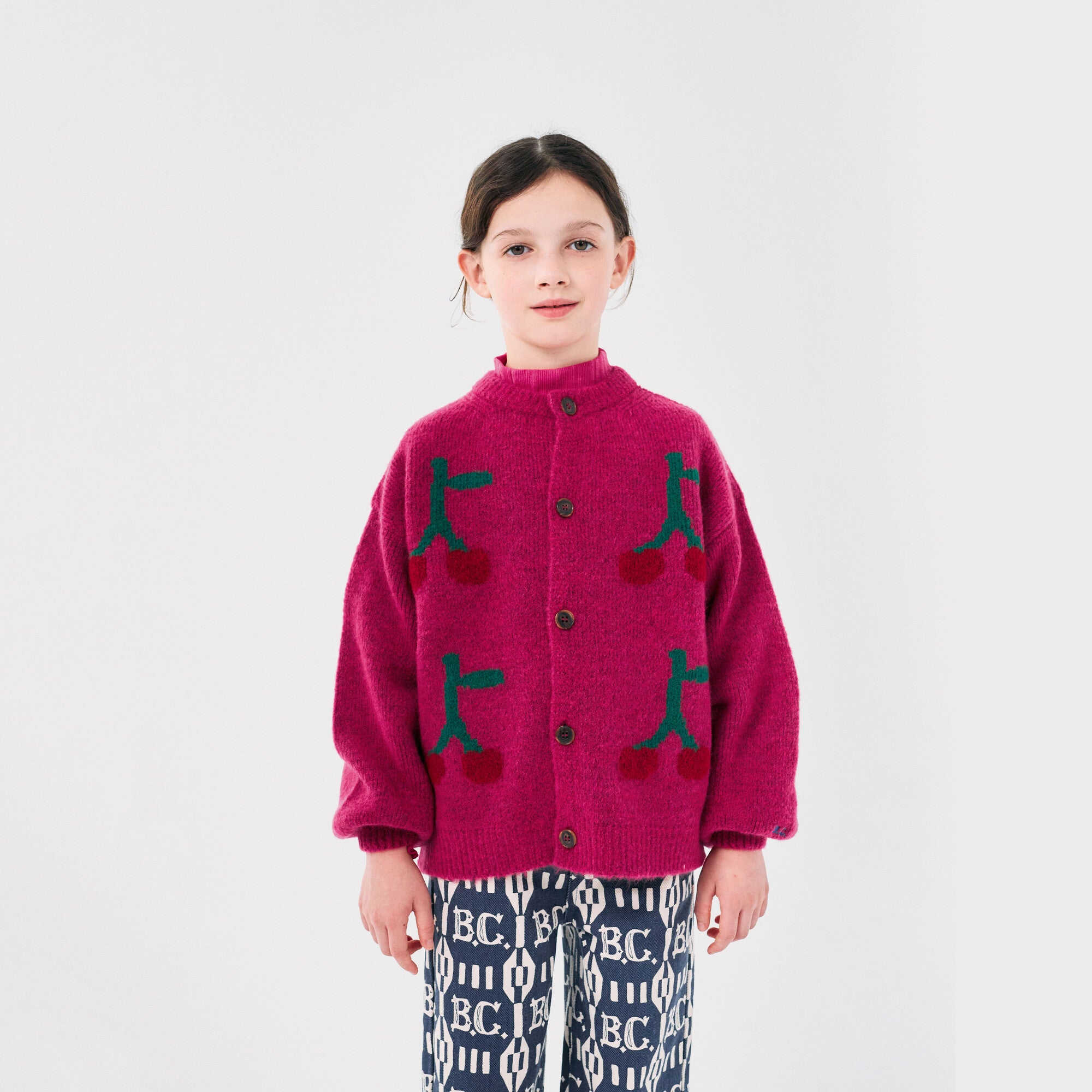 Girls Fuchsia Cherry Jacquard Cardigan