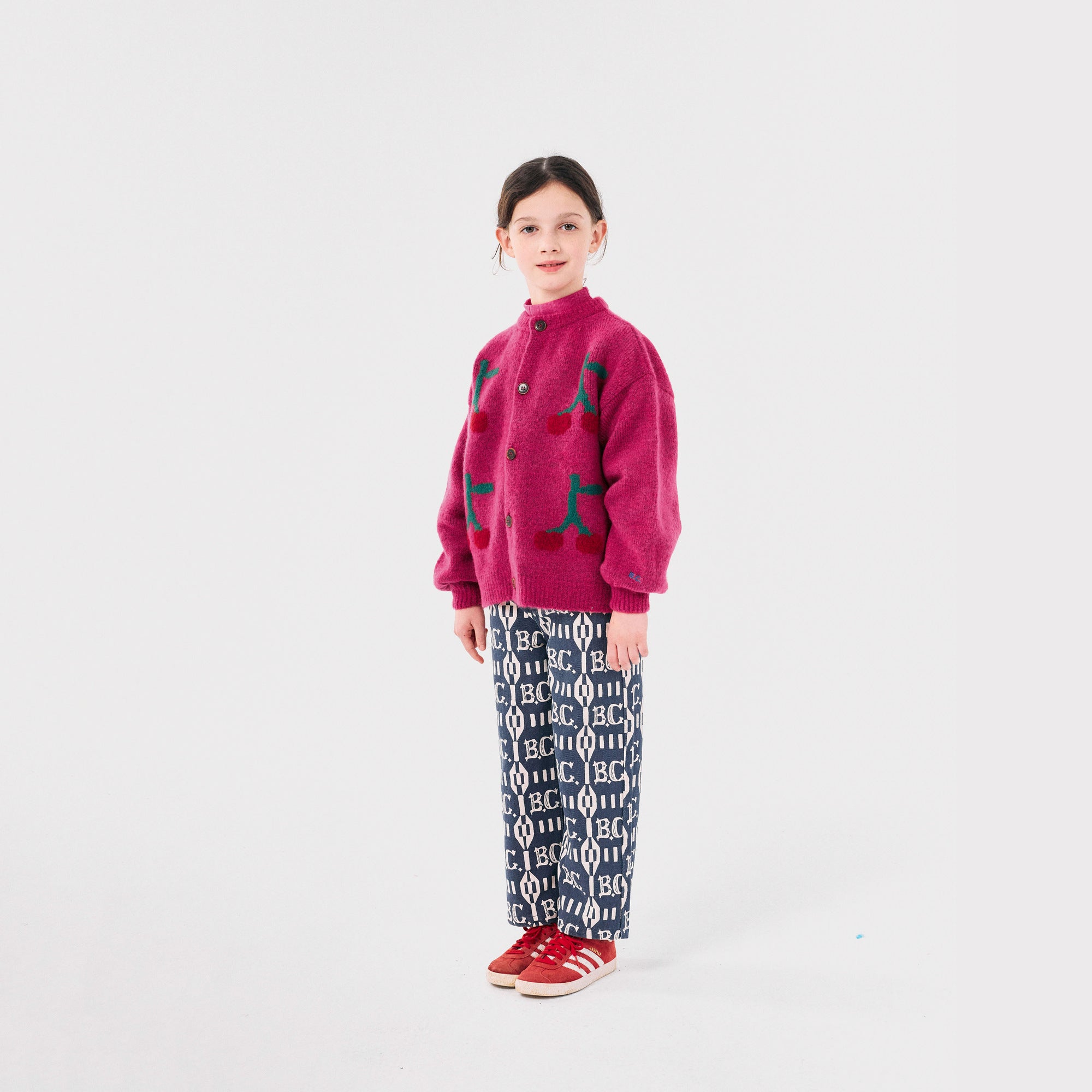 Girls Fuchsia Cherry Jacquard Cardigan