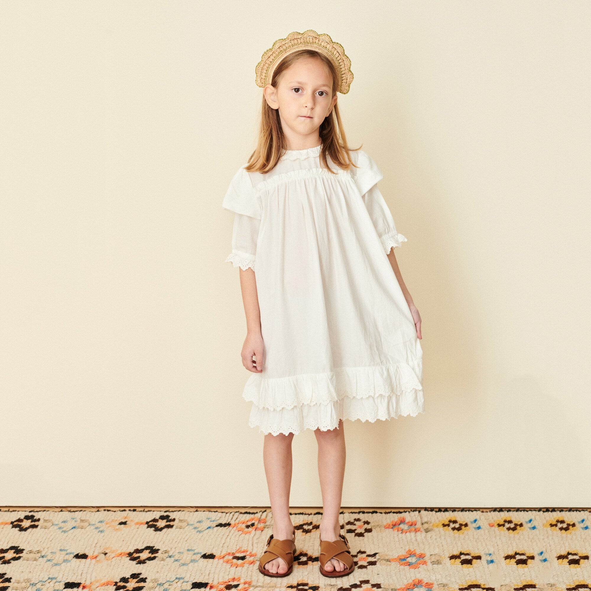 Girls White Ruffled Cotton Dress