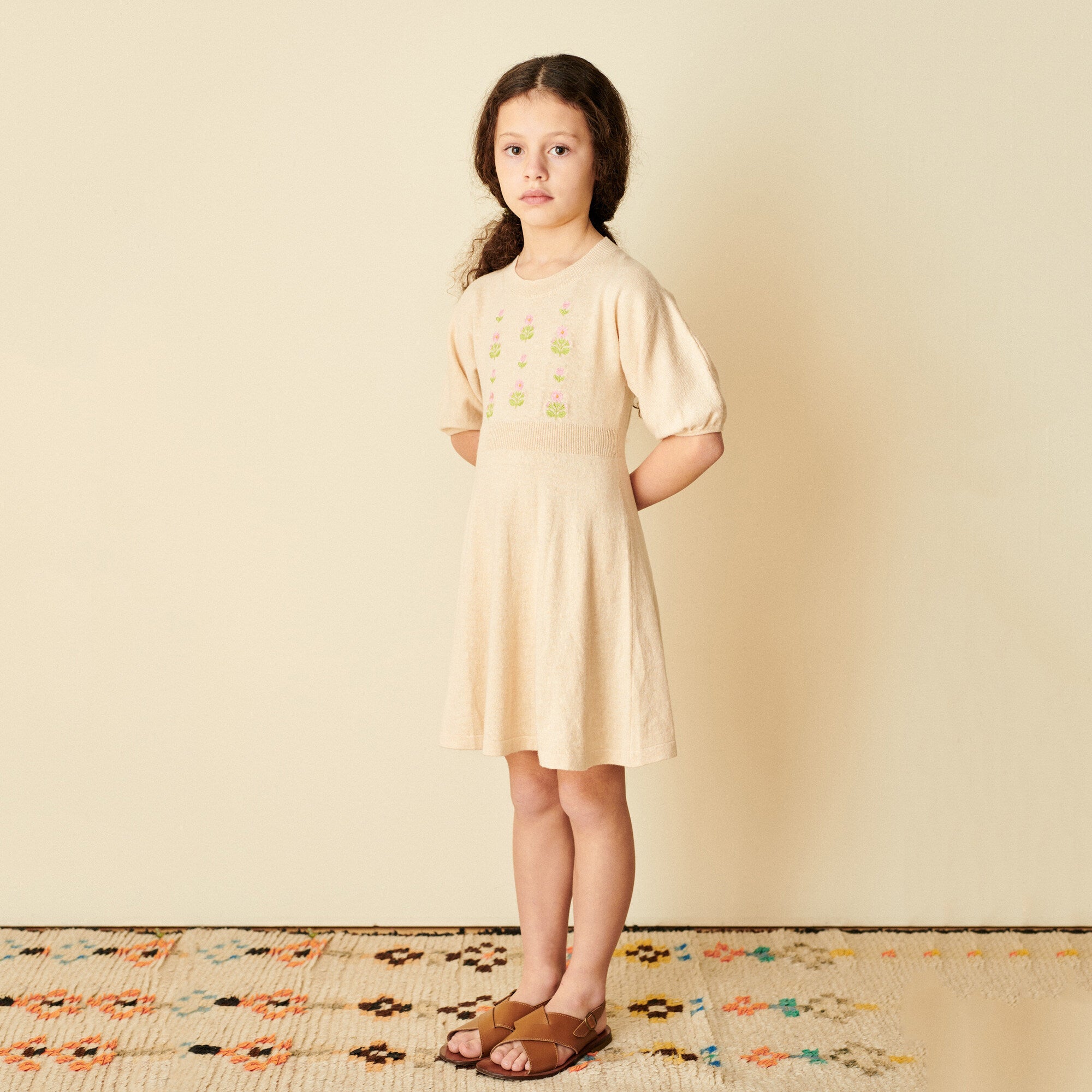 Girls Beige Embroidered Knit Dress