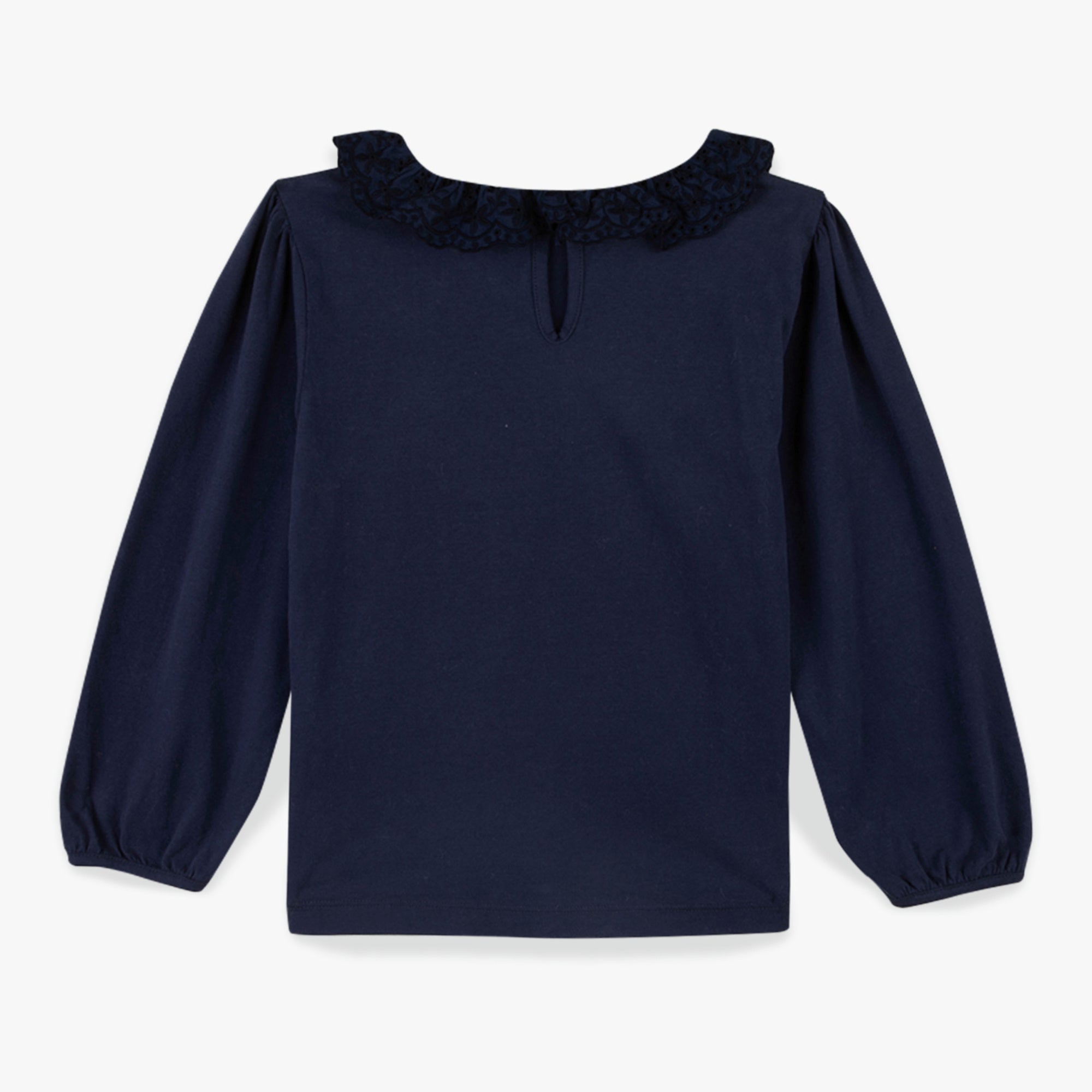 Girls Navy Ruffled Cotton T-Shirt