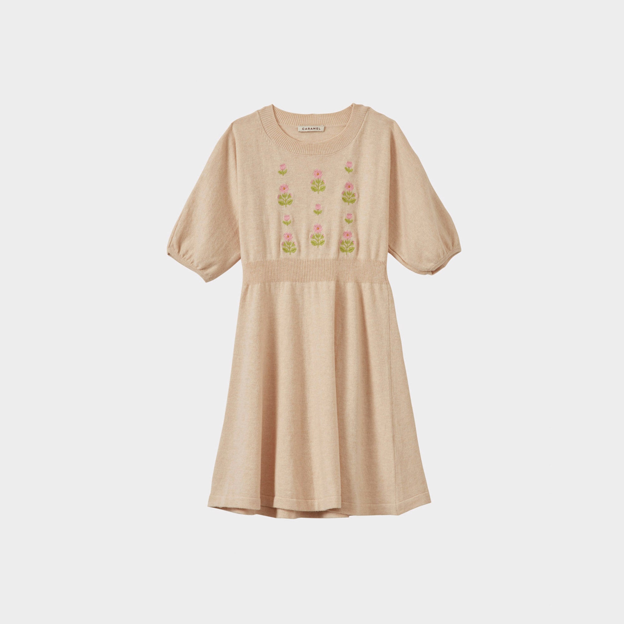 Girls Beige Embroidered Knit Dress