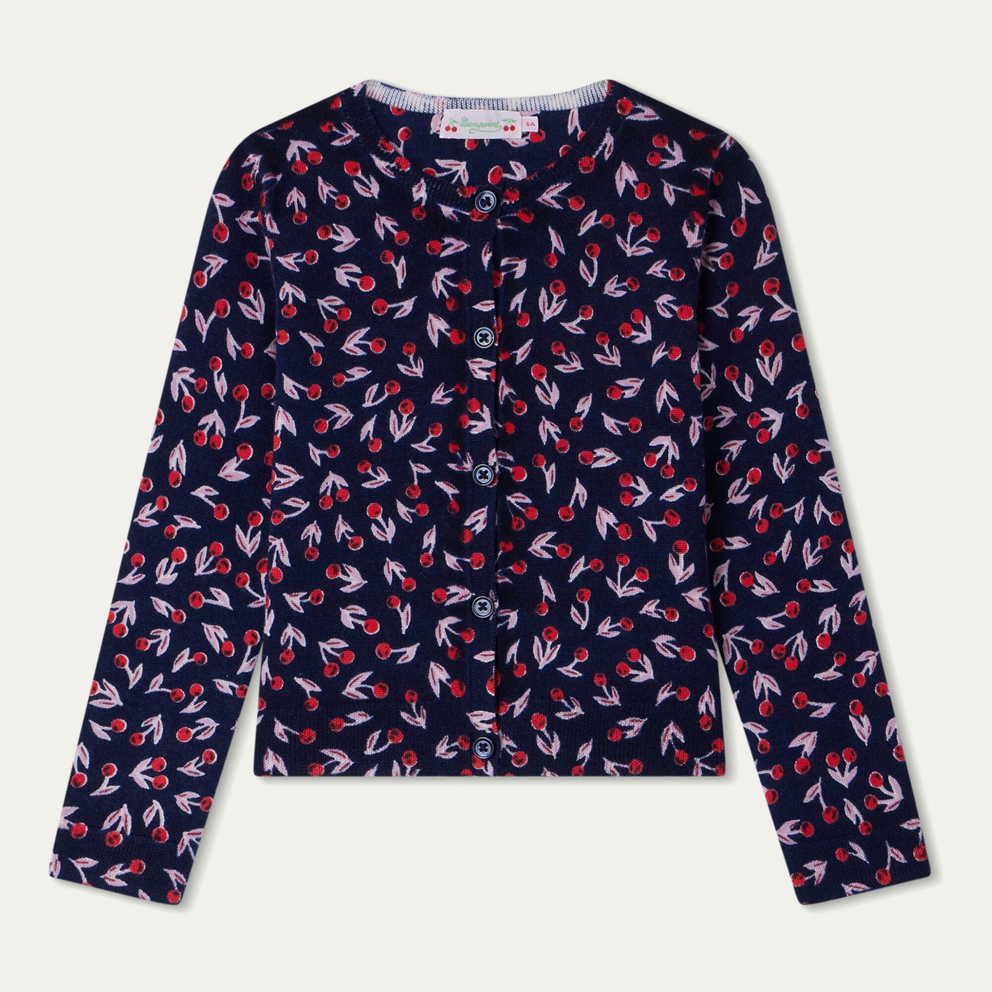 Girls Navy Cherry Wool Cardigan