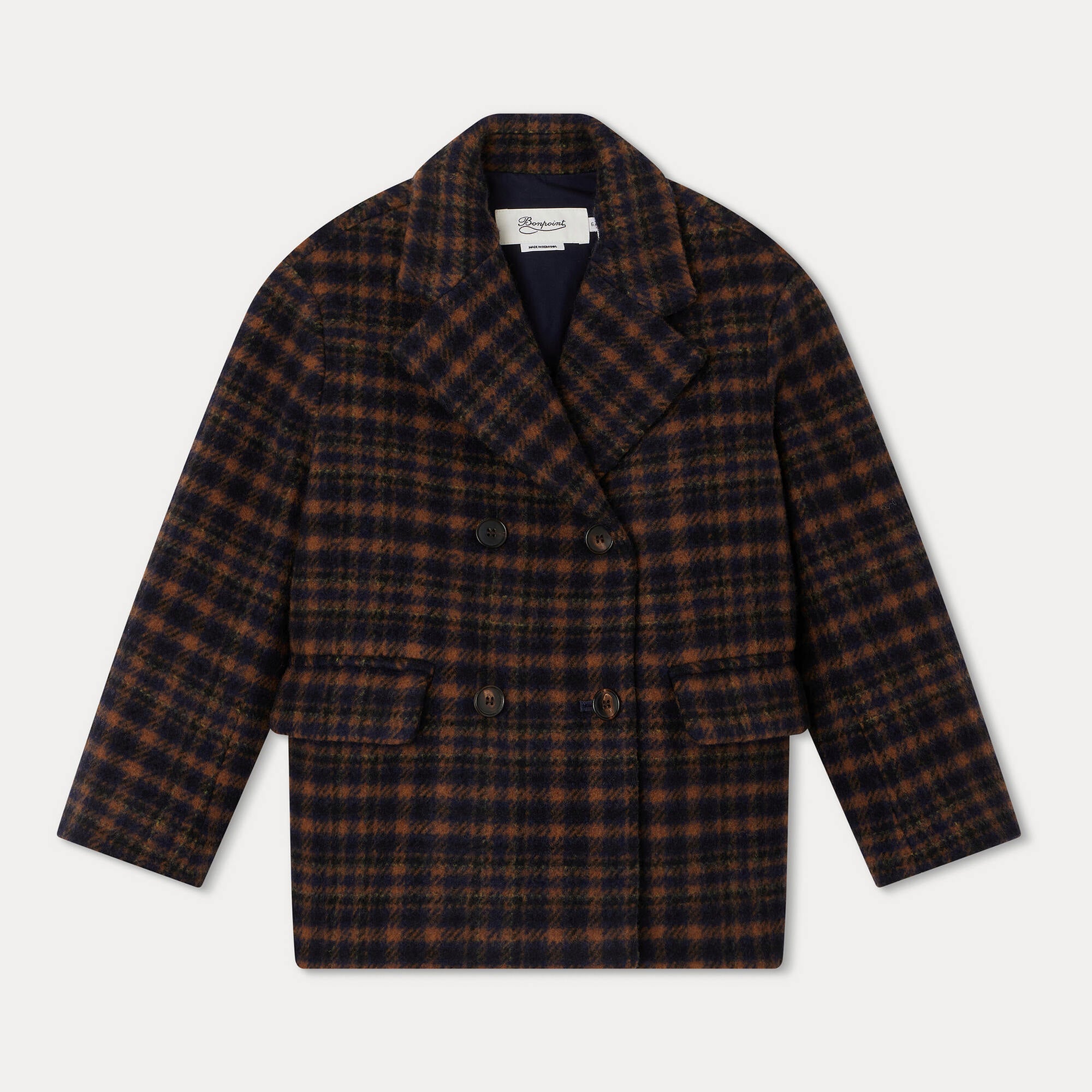 Girls Navy Check Wool Coat