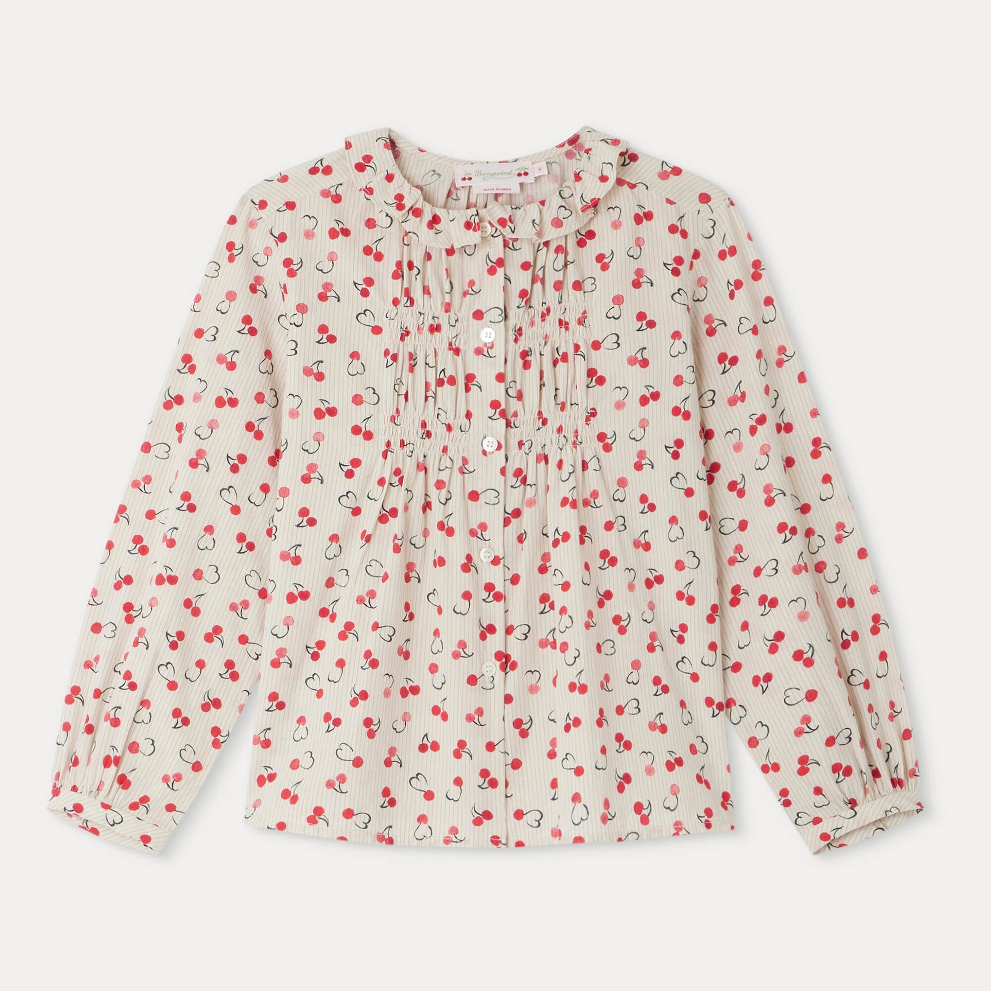 Girls Beige Cherry Cotton Shirt