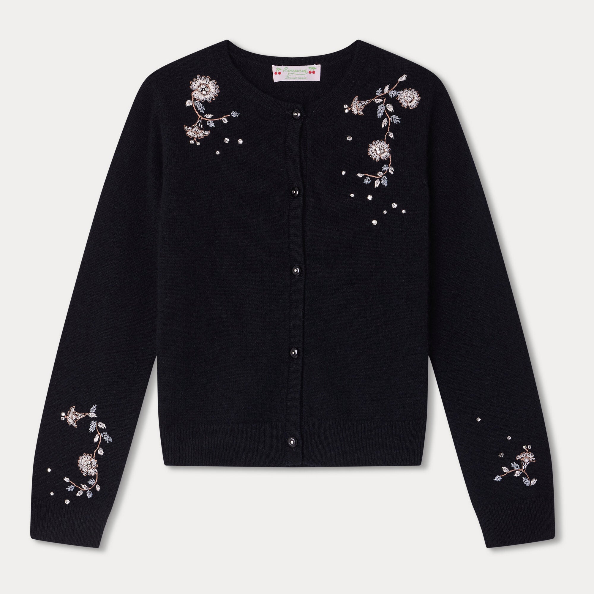 Girls Black Embroidered Cashmere Cardigan