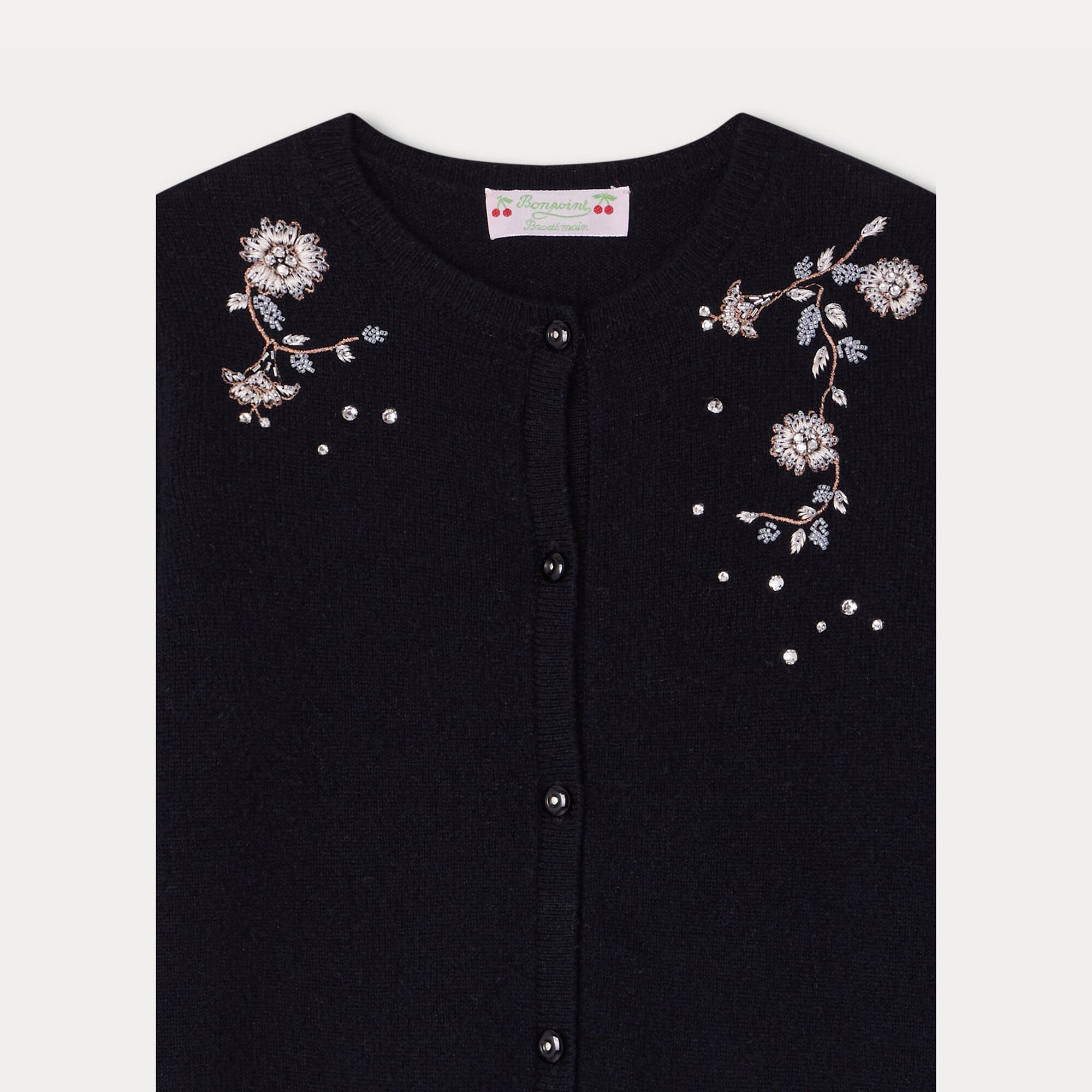 Girls Black Embroidered Cashmere Cardigan