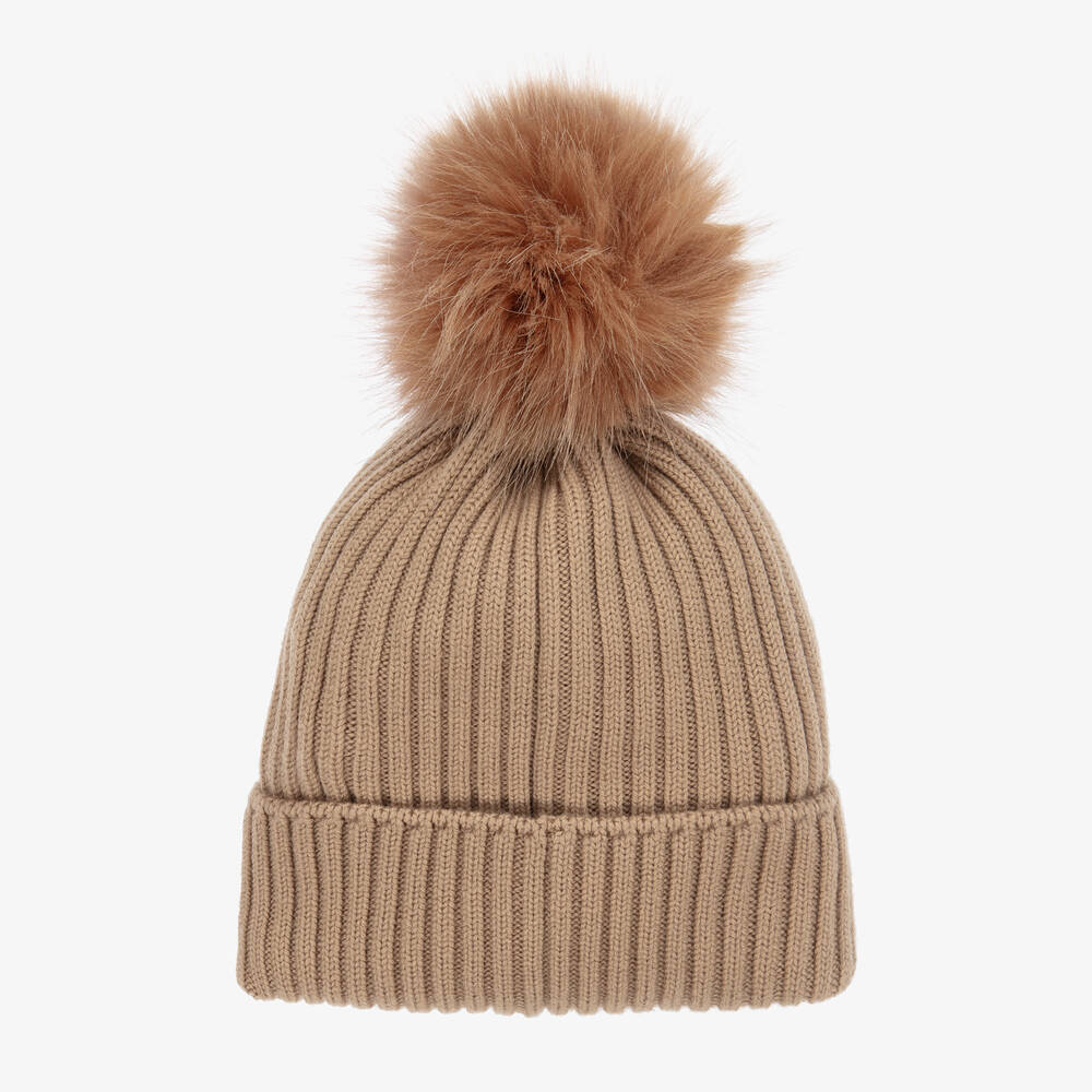 Girls Beige Wool Pom-Pom Hat