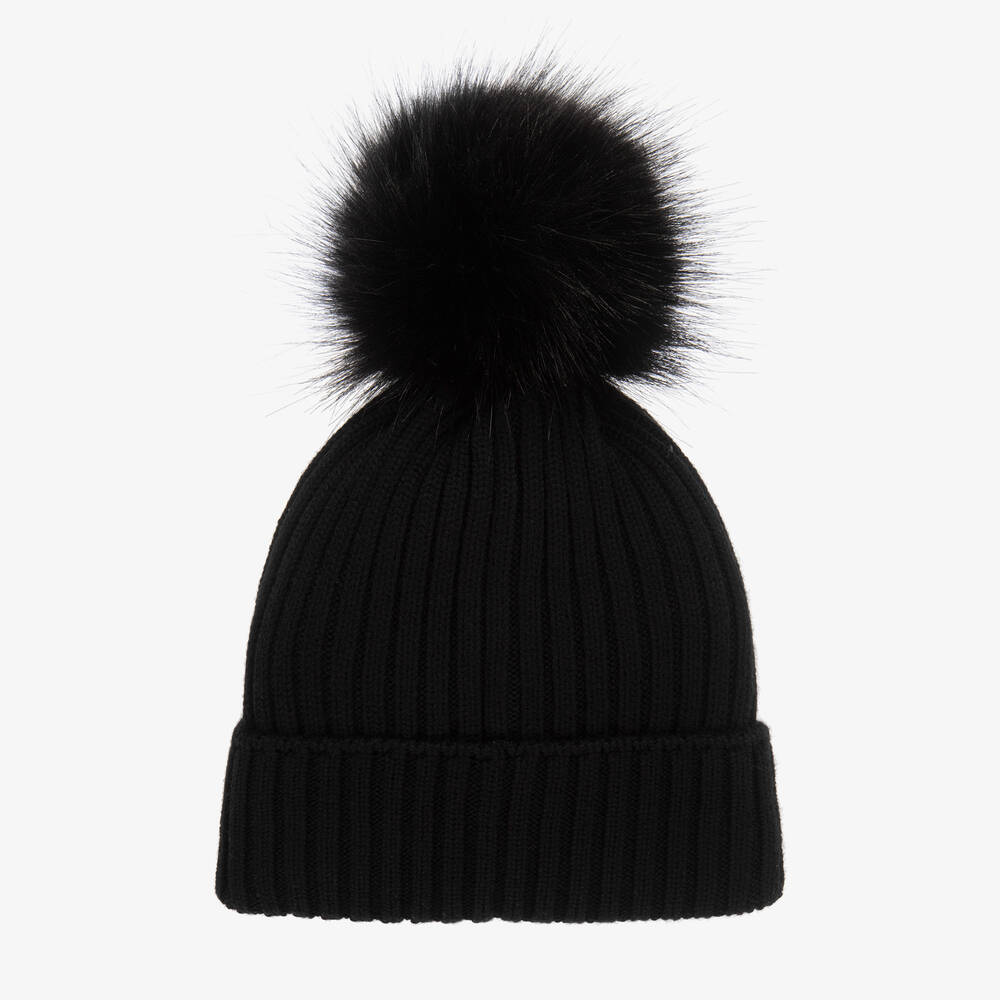 Girls Black Wool Pom-Pom Hat