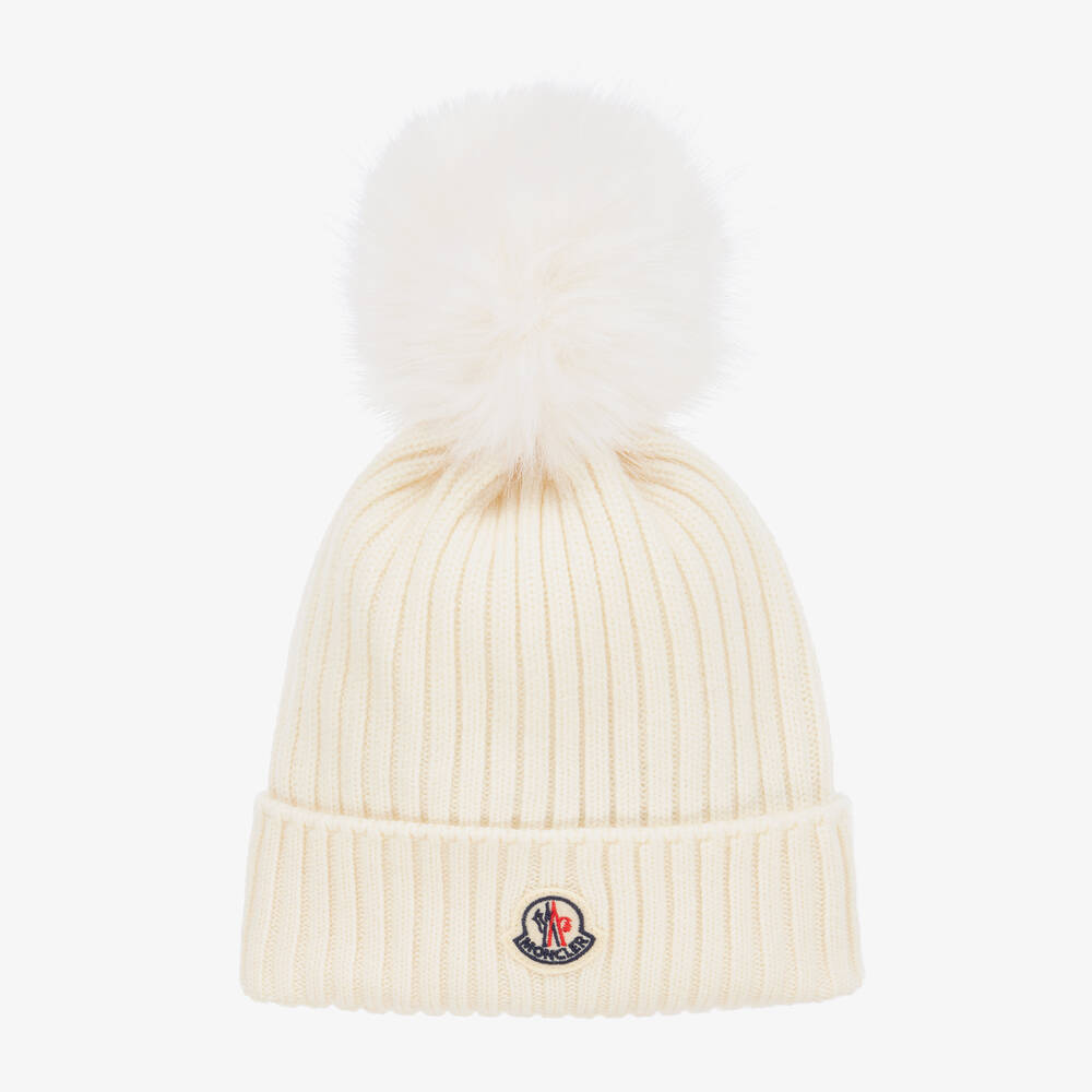 Girls White Wool Pom-Pom Hat