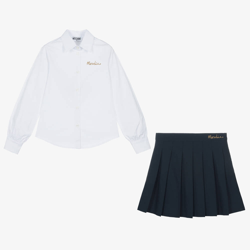 Girls White & Navy Cotton Skirt Set