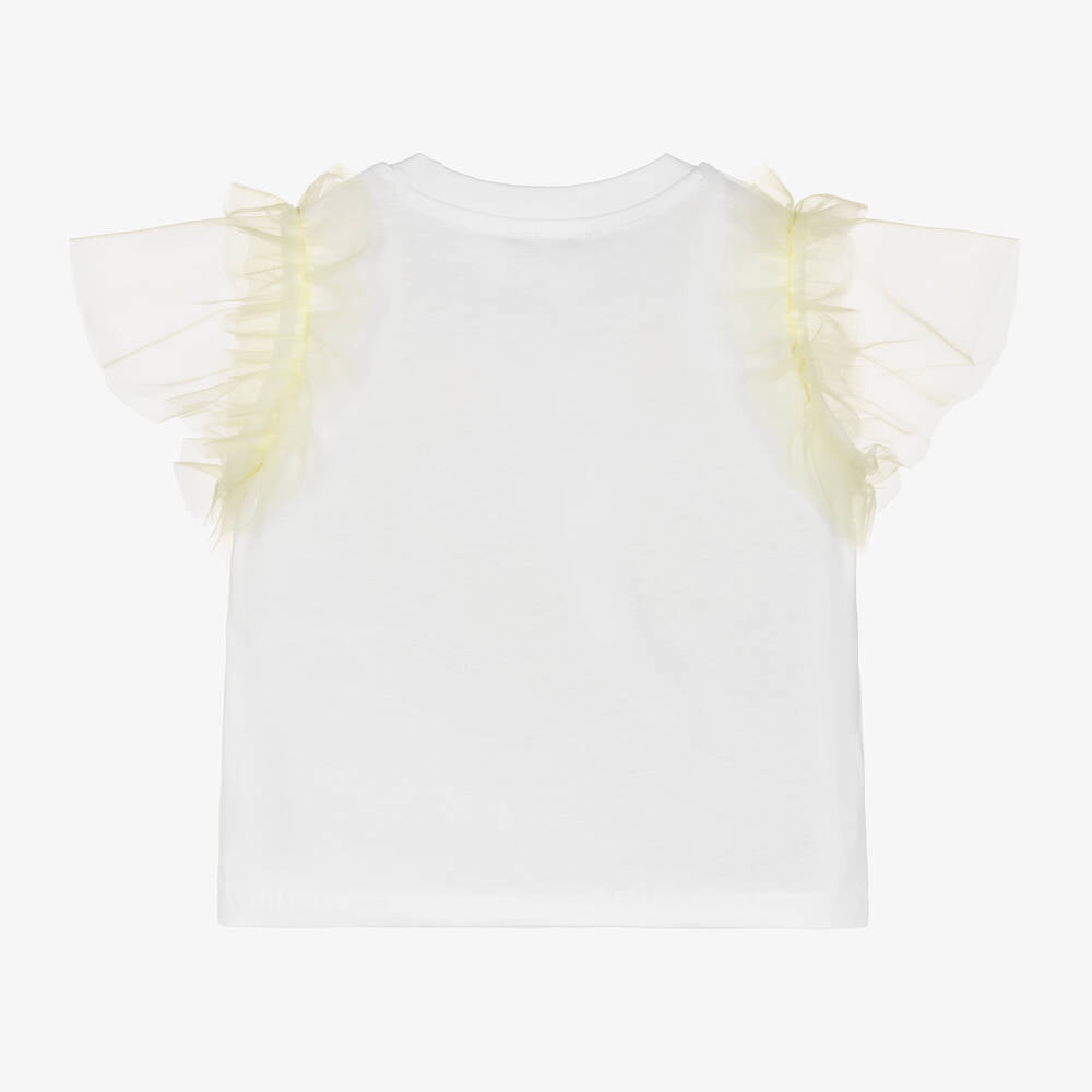 Girls White Ruffled Cotton T-Shirt