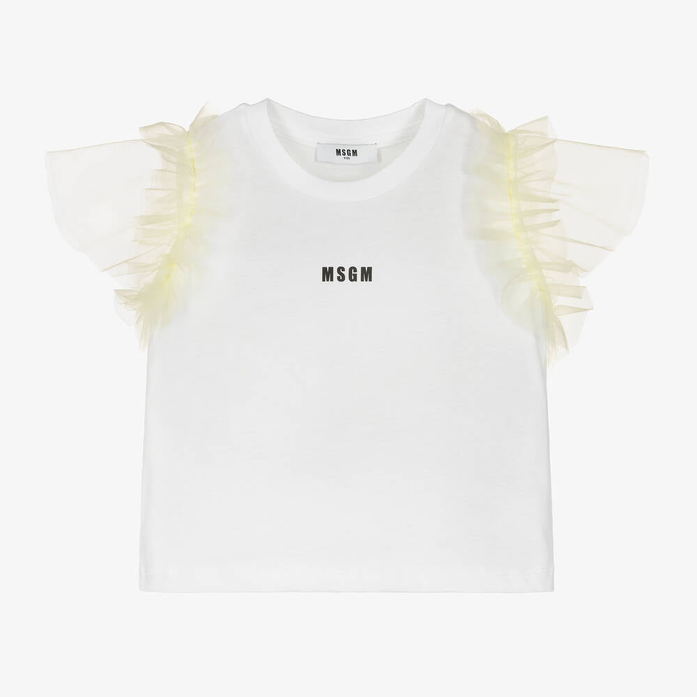 Girls White Ruffled Cotton T-Shirt