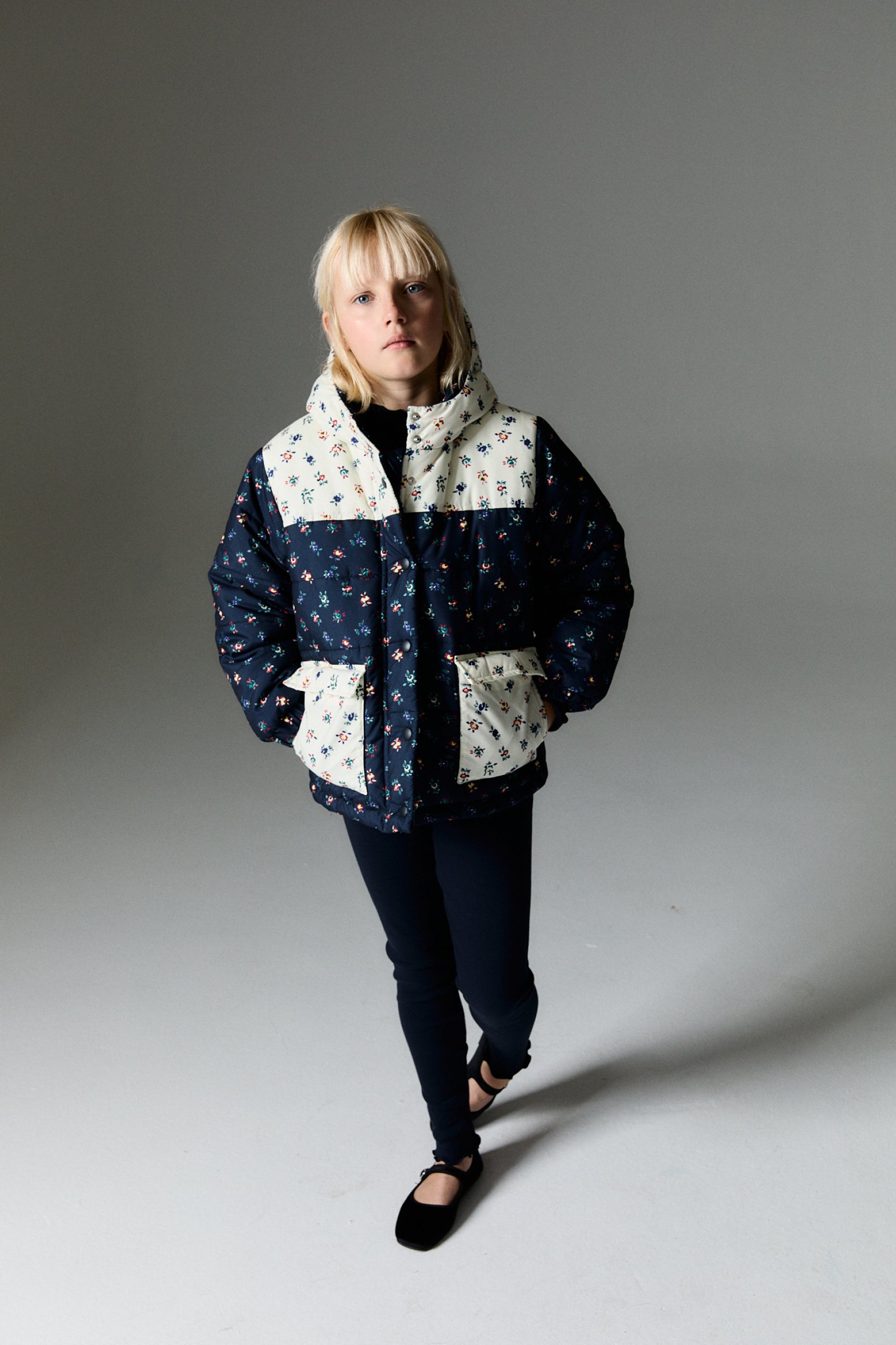 Girls Navy Floral Padded Jacket