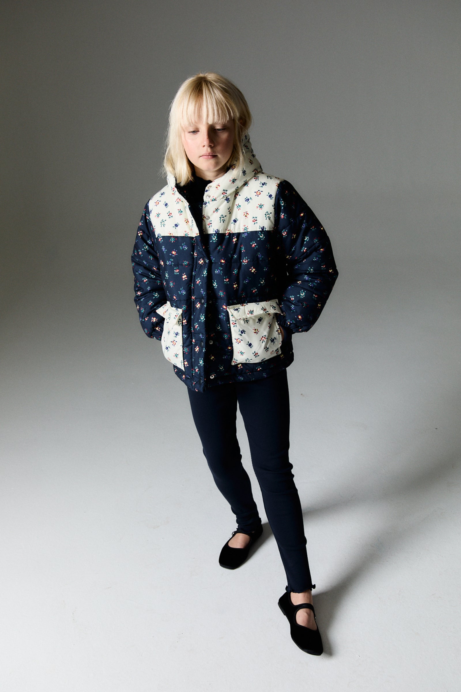 Girls Navy Floral Padded Jacket