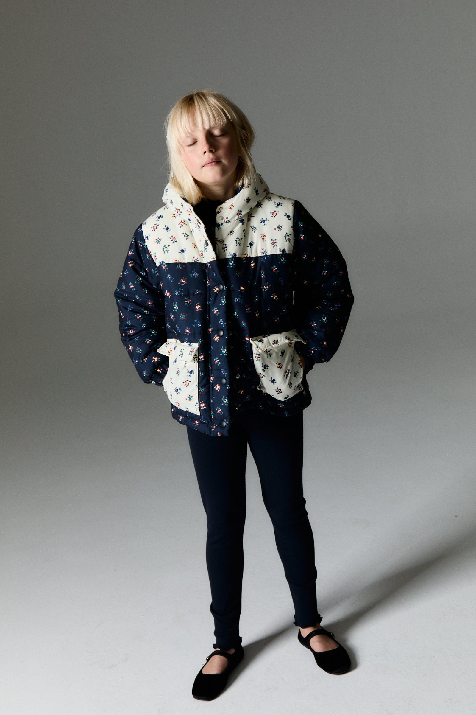 Girls Navy Floral Padded Jacket