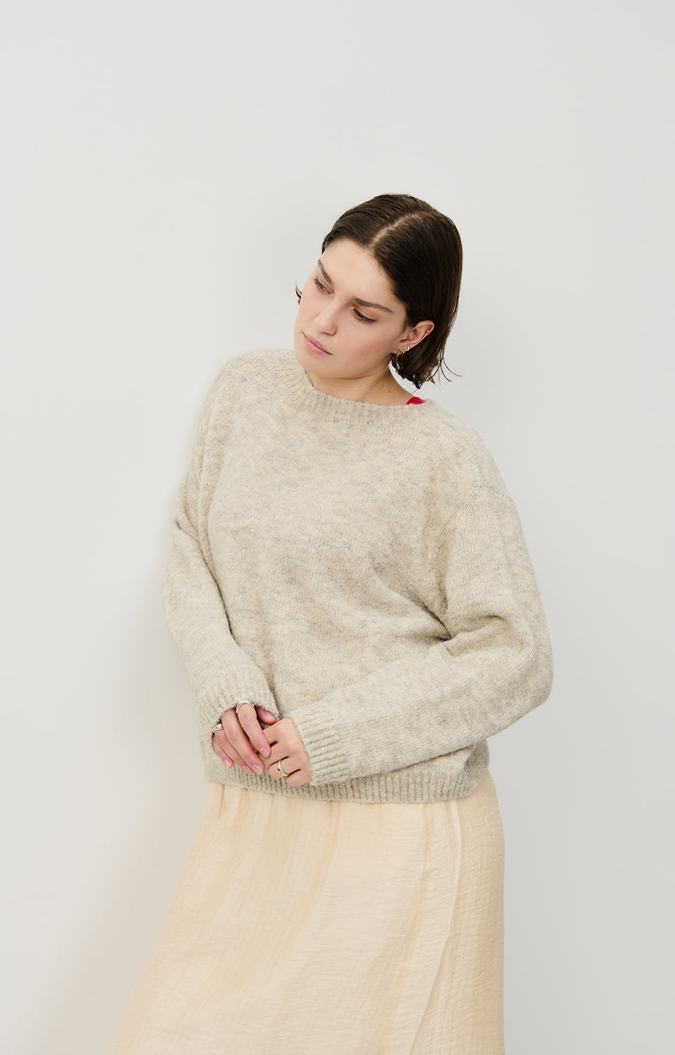 Women Beige Grey Knit Sweater