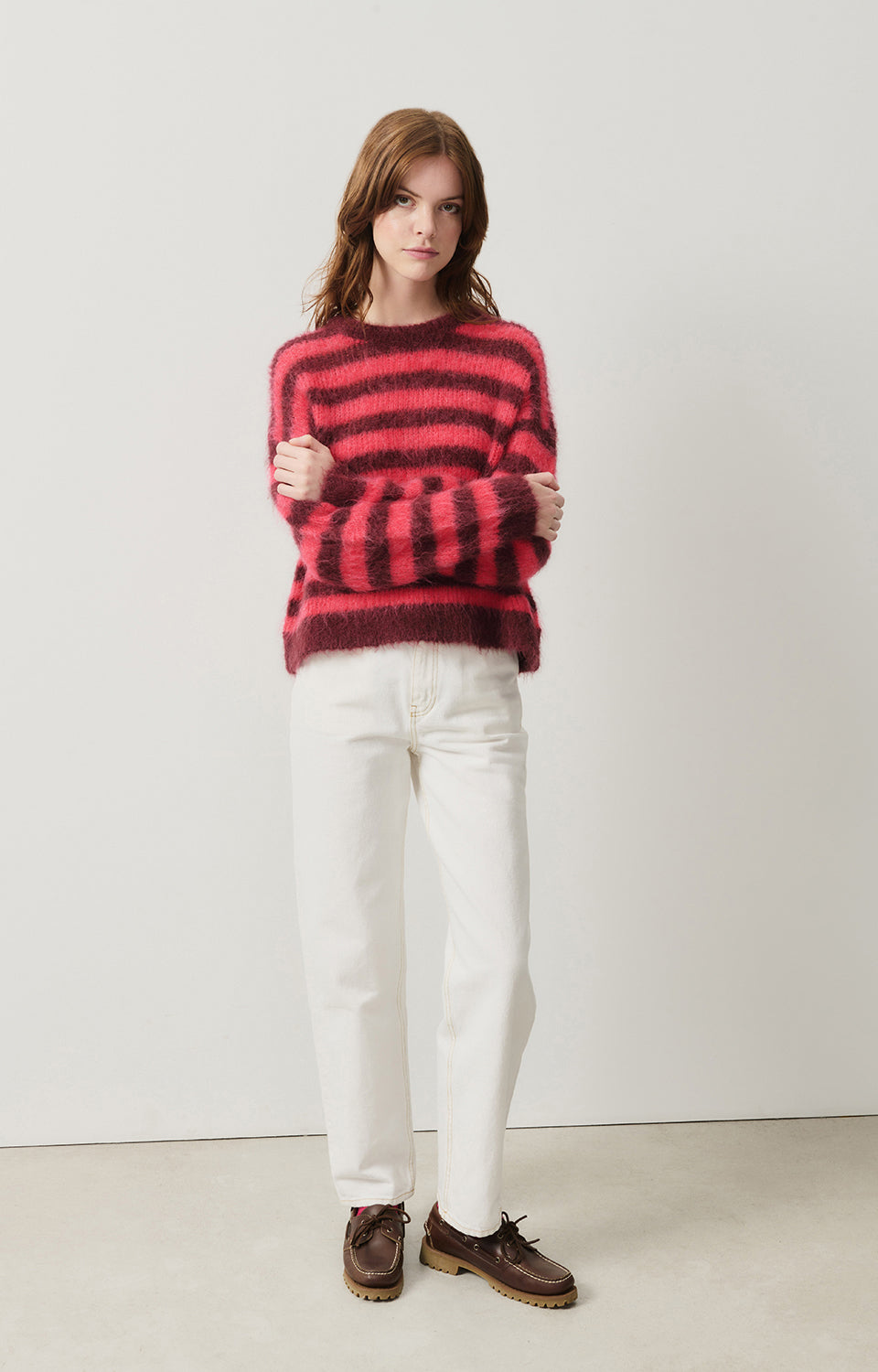 Women Pink Stripes Alpaga Sweater