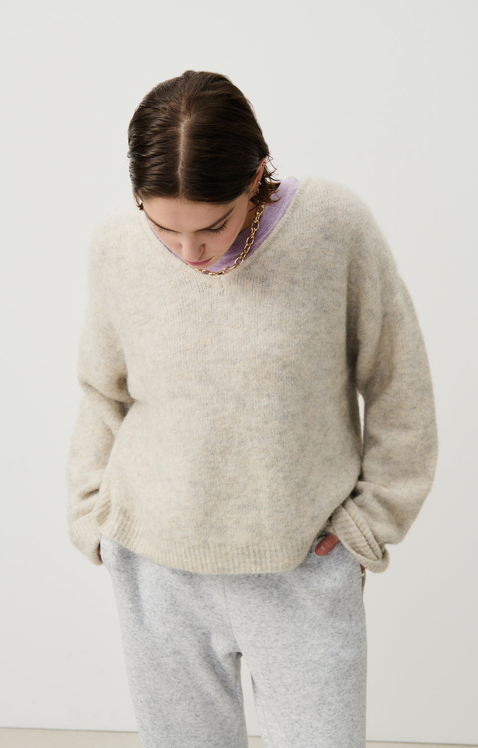 Women Beige Grey Knit Sweater