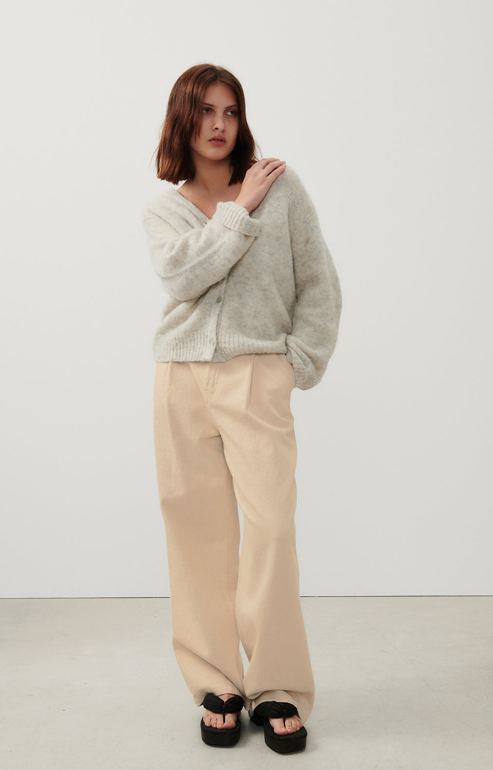 Women Beige Grey Knit Cardigan