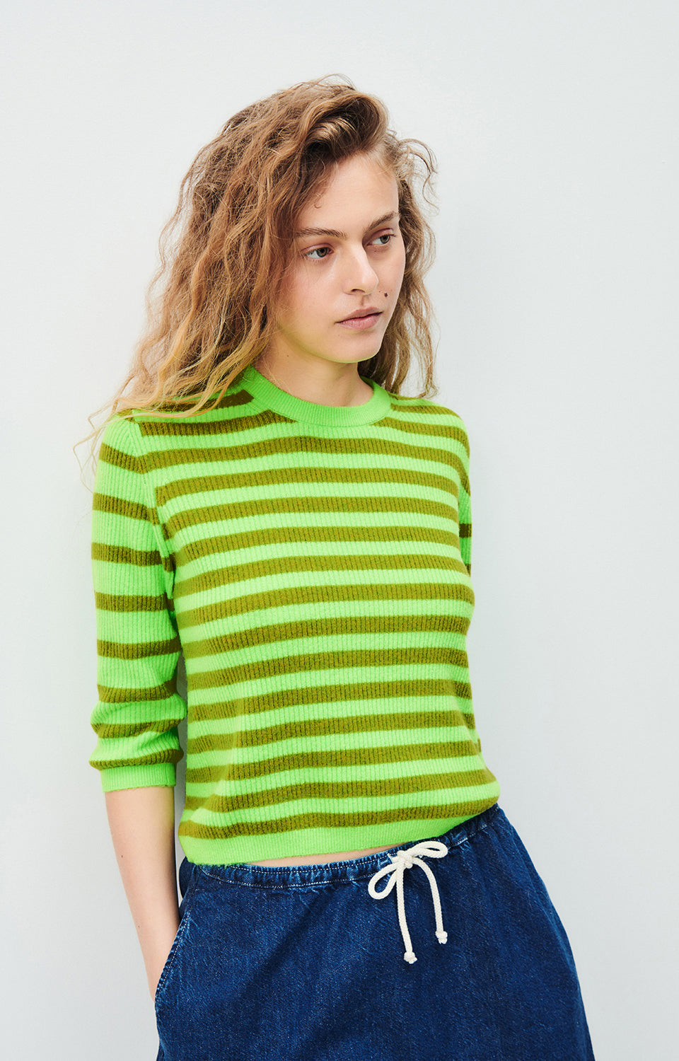 Women Green Stripes Knit Sweater