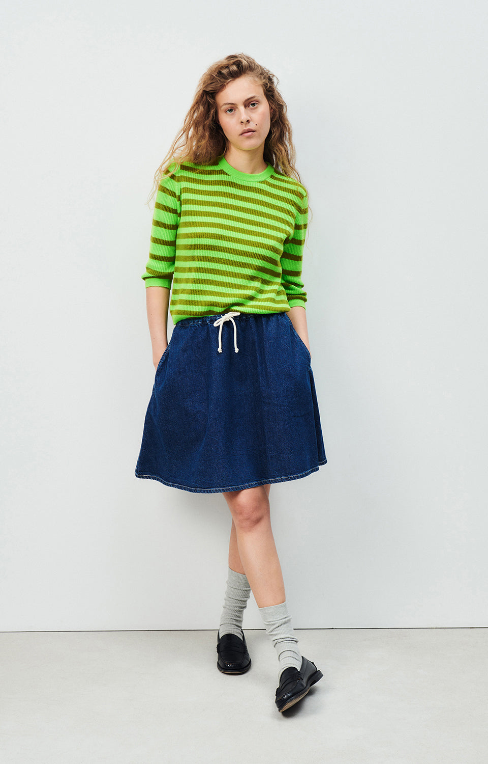 Women Green Stripes Knit Sweater