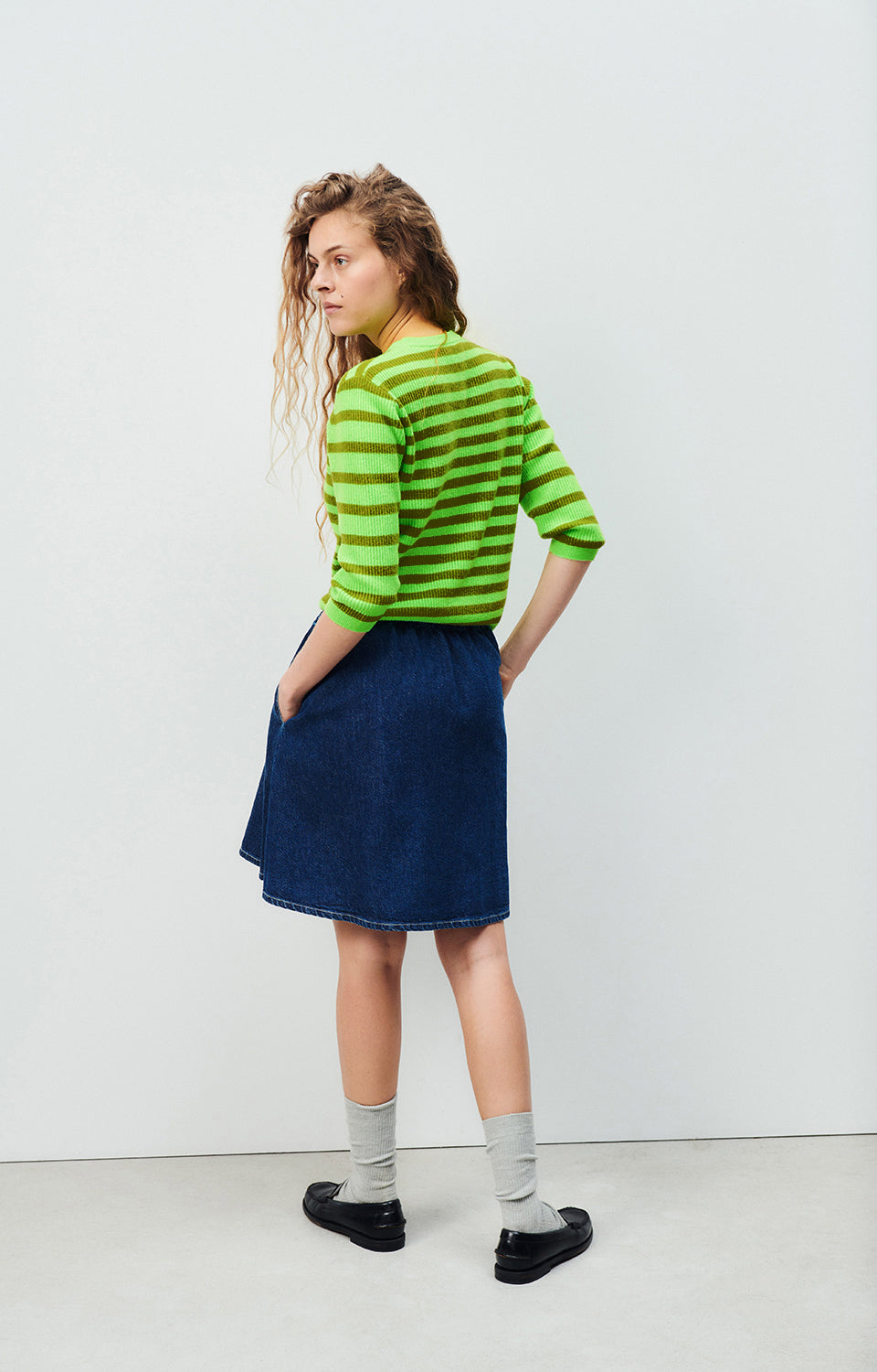 Women Green Stripes Knit Sweater