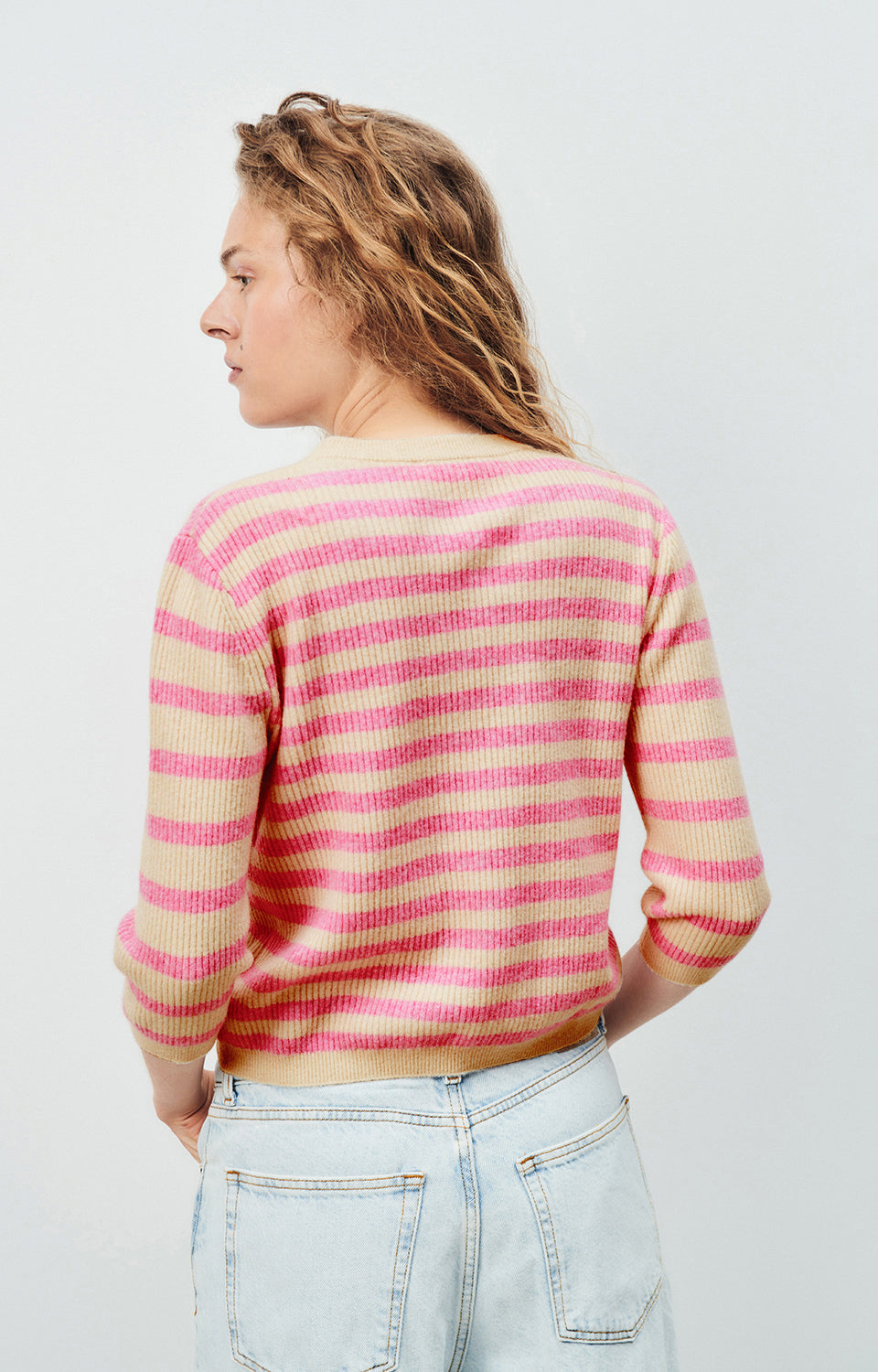 Women Pink Stripes Knit Sweater