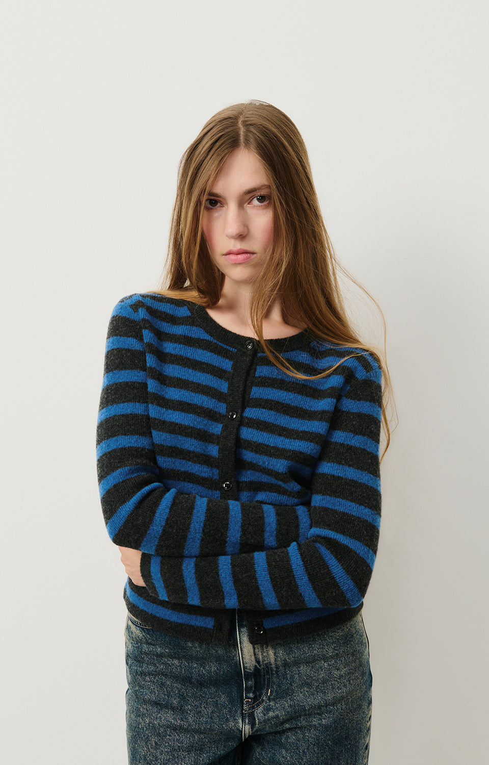 Women Blue Stripes Wool Cardigan