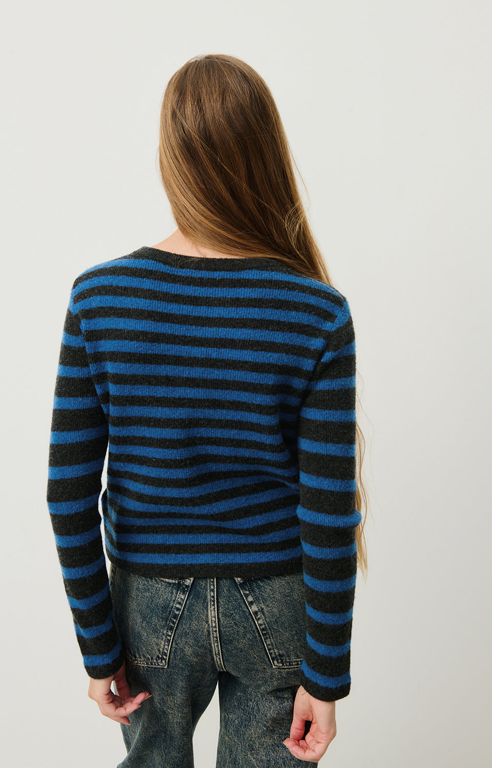 Women Blue Stripes Wool Cardigan