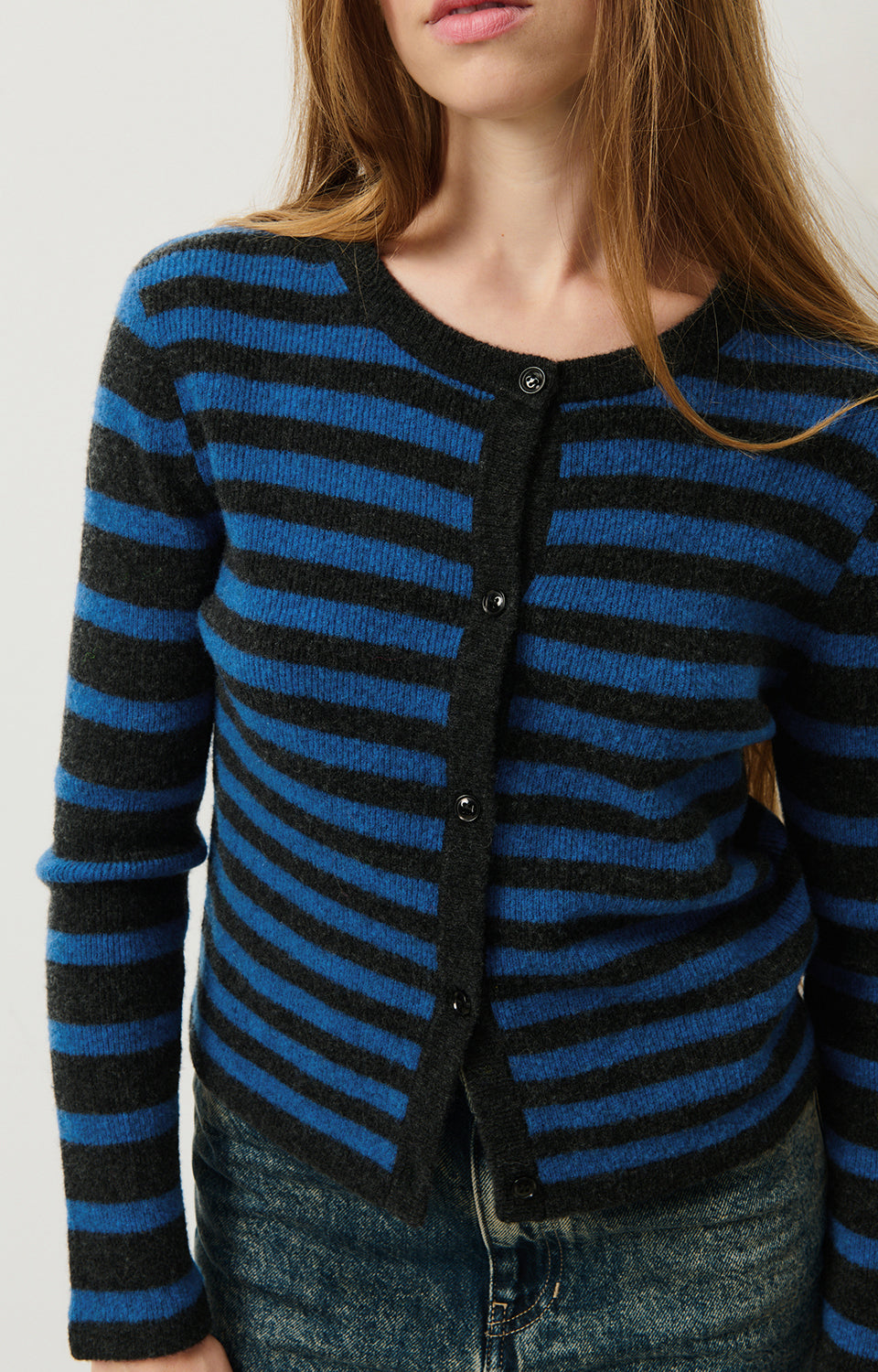 Women Blue Stripes Wool Cardigan