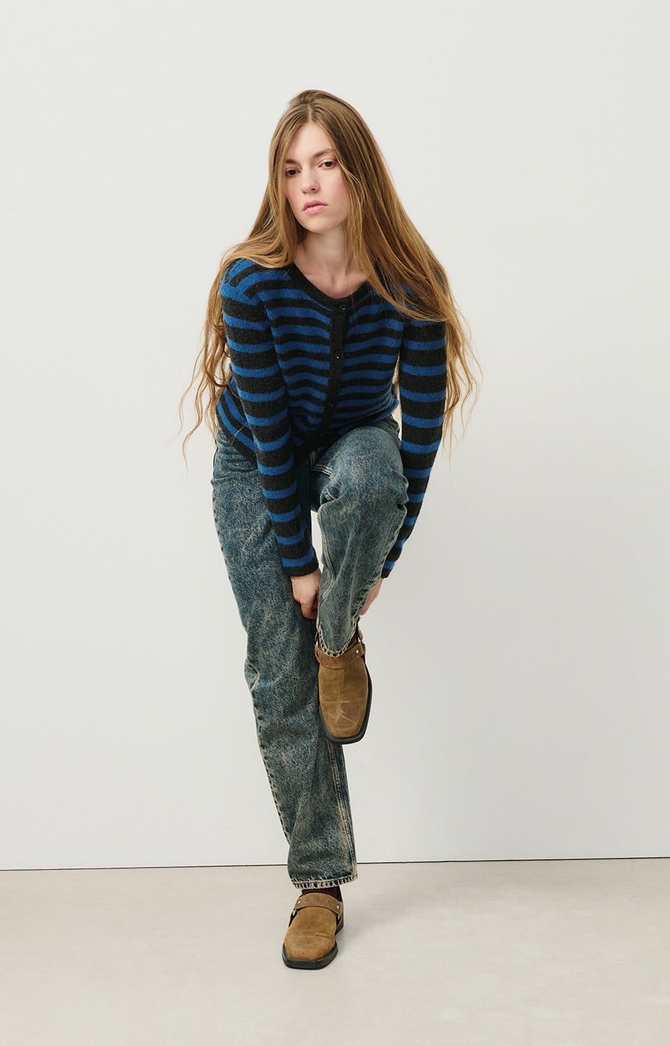 Women Blue Stripes Wool Cardigan