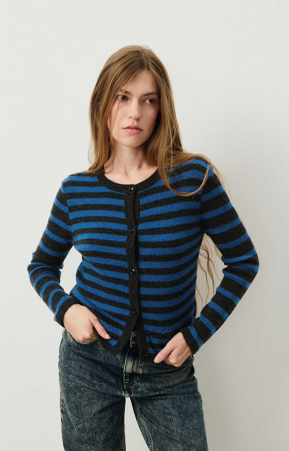 Women Blue Stripes Wool Cardigan