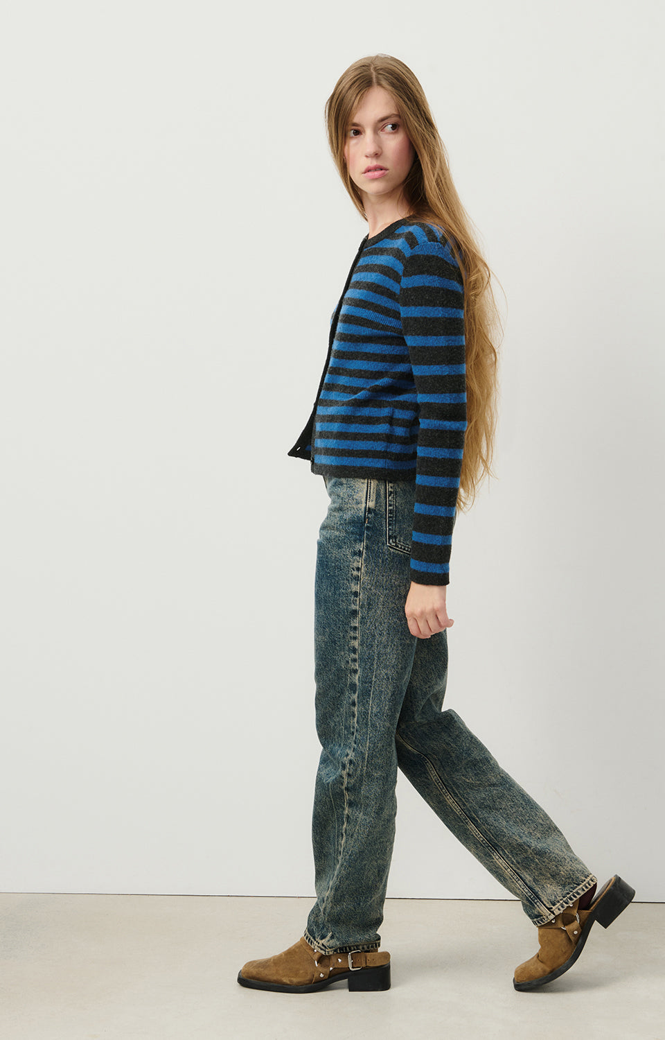 Women Blue Stripes Wool Cardigan