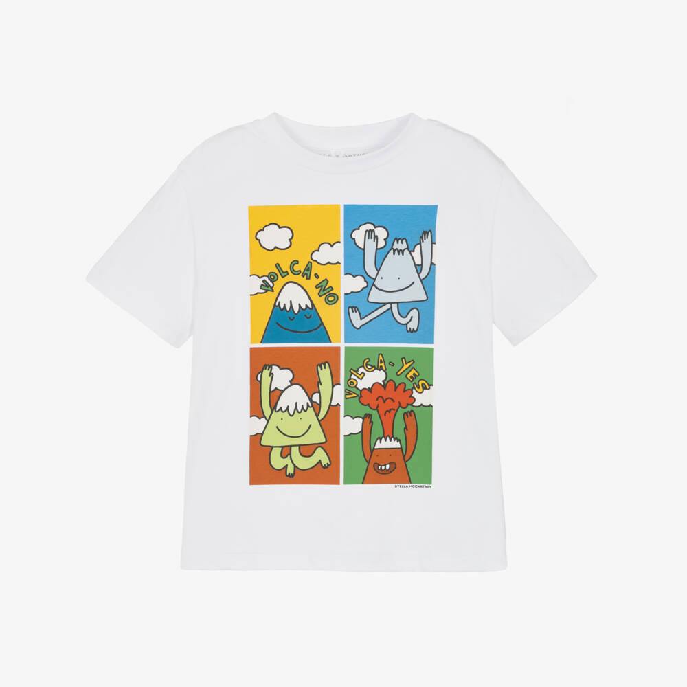 Boys White Volcano Printed Cotton T-Shirt