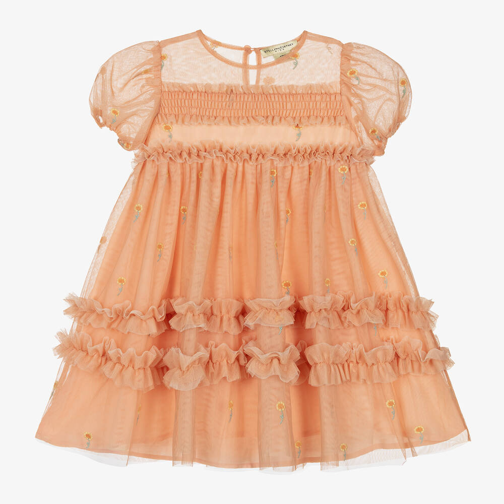 Girls Orange Embroidered Tulle Dress