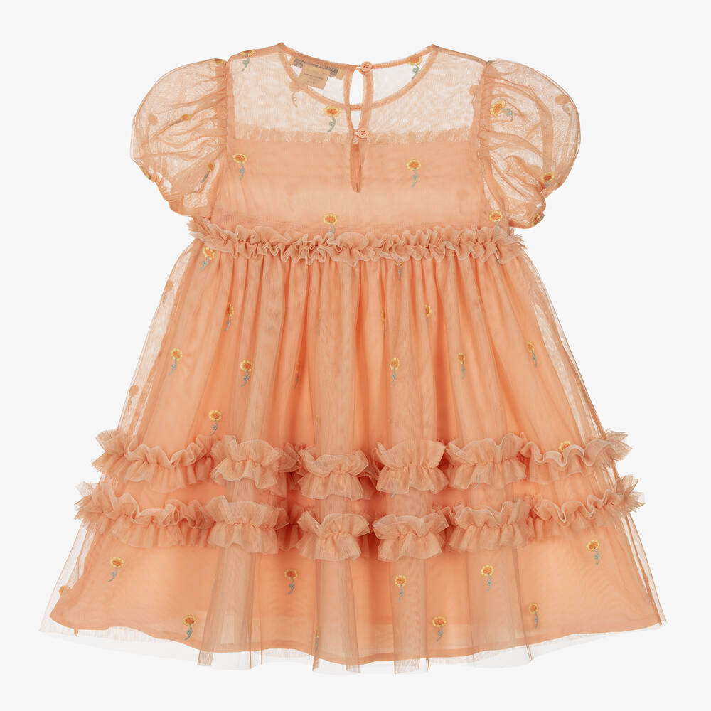 Girls Orange Embroidered Tulle Dress