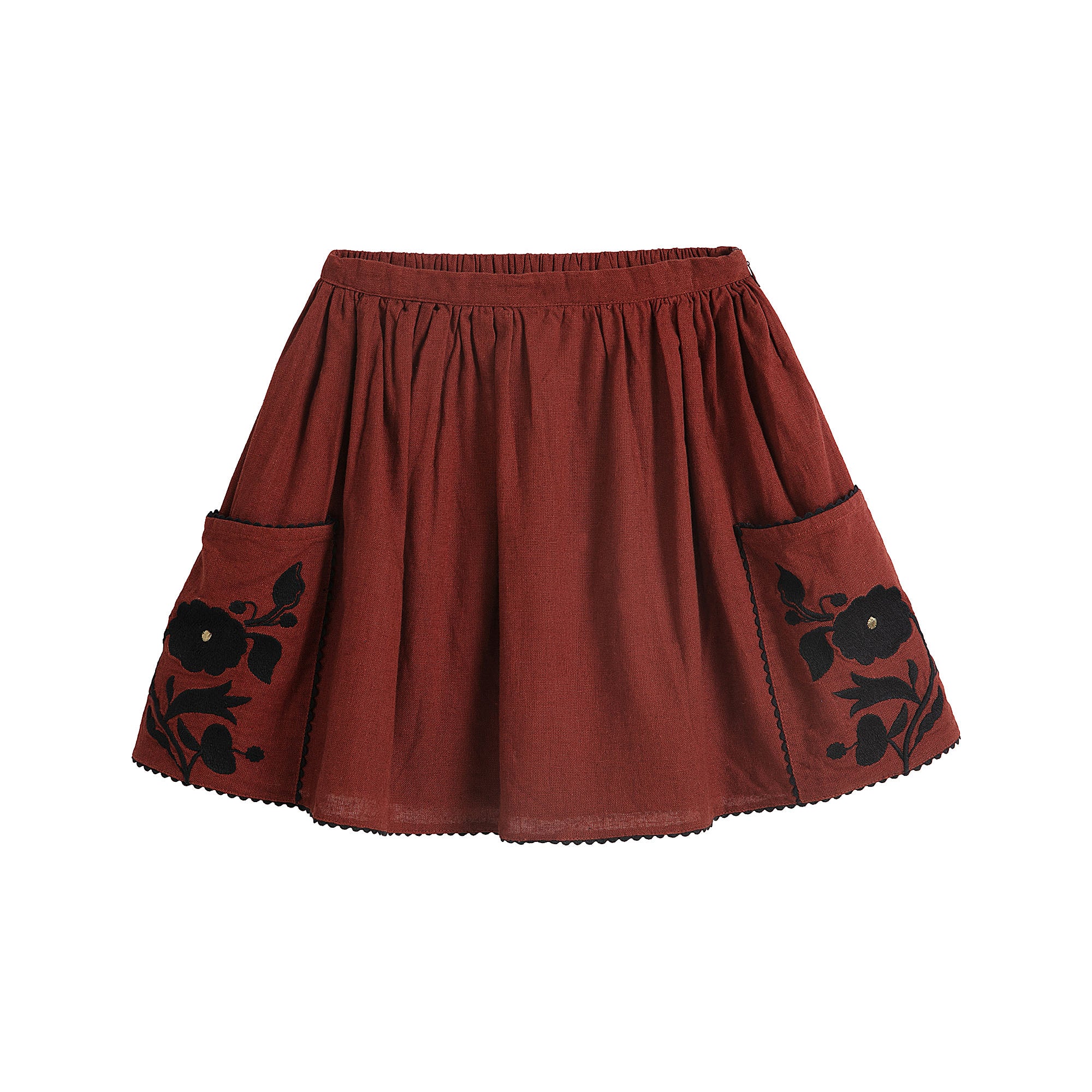 Girls Wine Red Embroidered Cotton Skirt