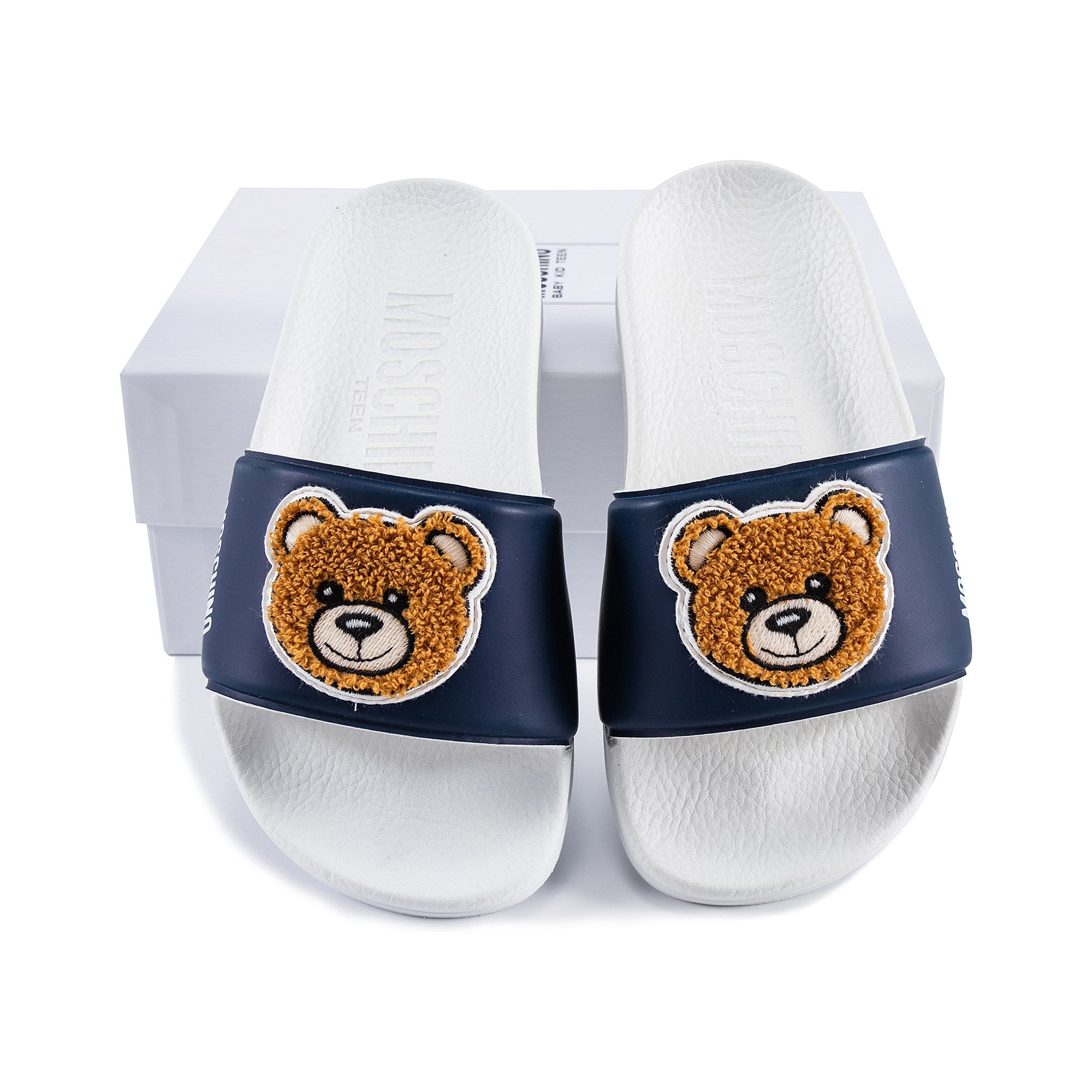 Boys Blue Patch Teddy Slides