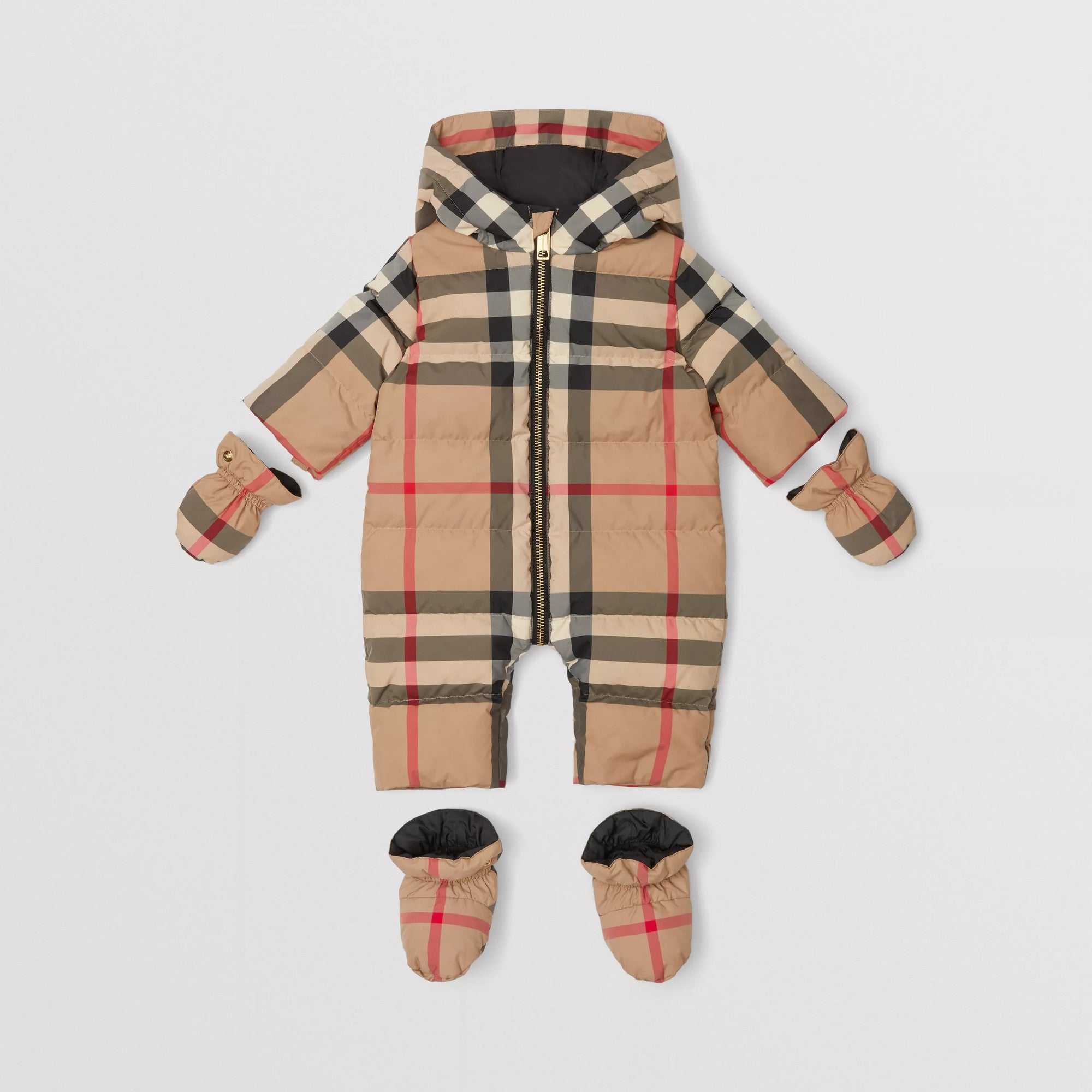 Baby Boys & Girls Beige Check Padded Down Babysuit