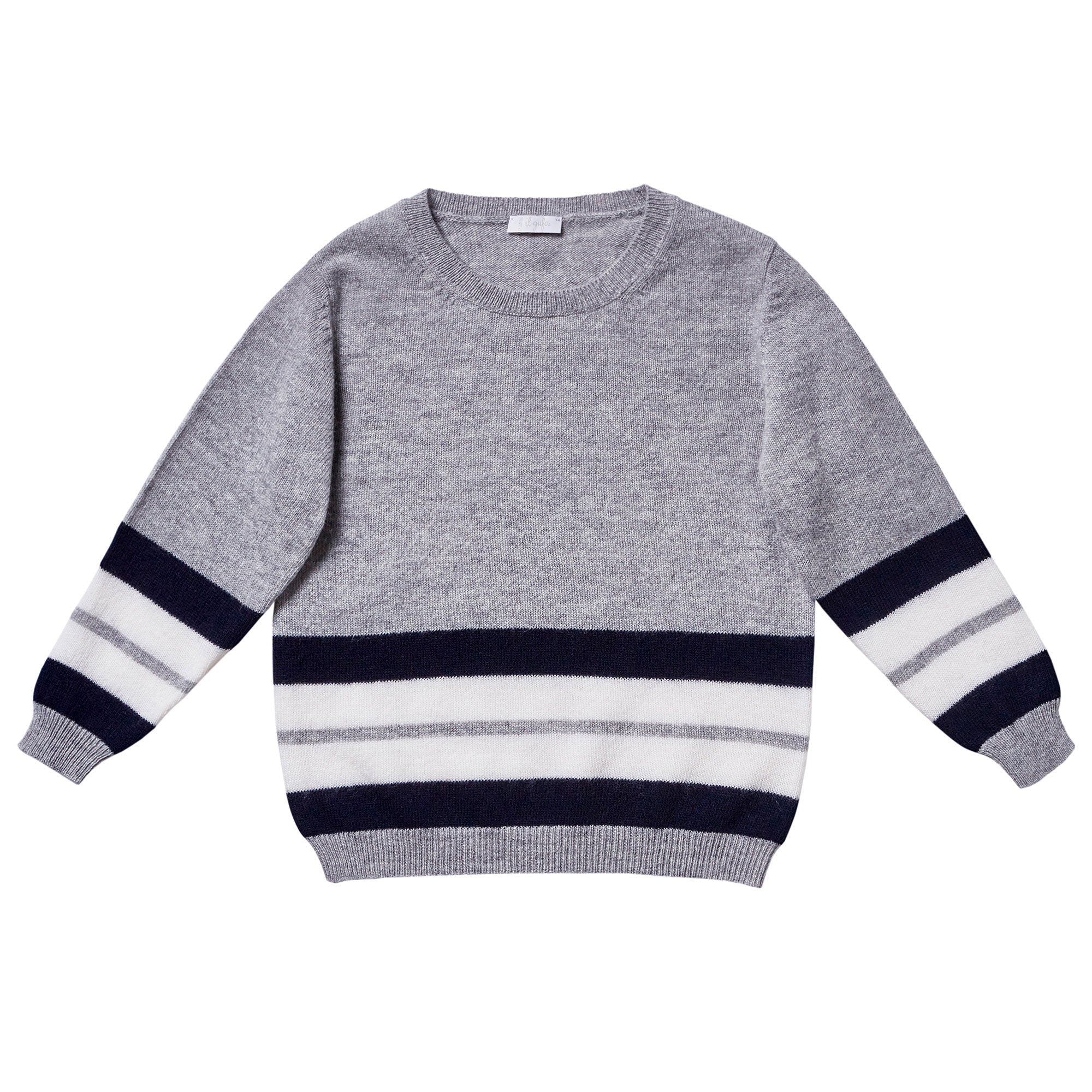 Boys Cloud Grey Wool Sweater With Navy Blue Stripe - CÉMAROSE | Children's Fashion Store