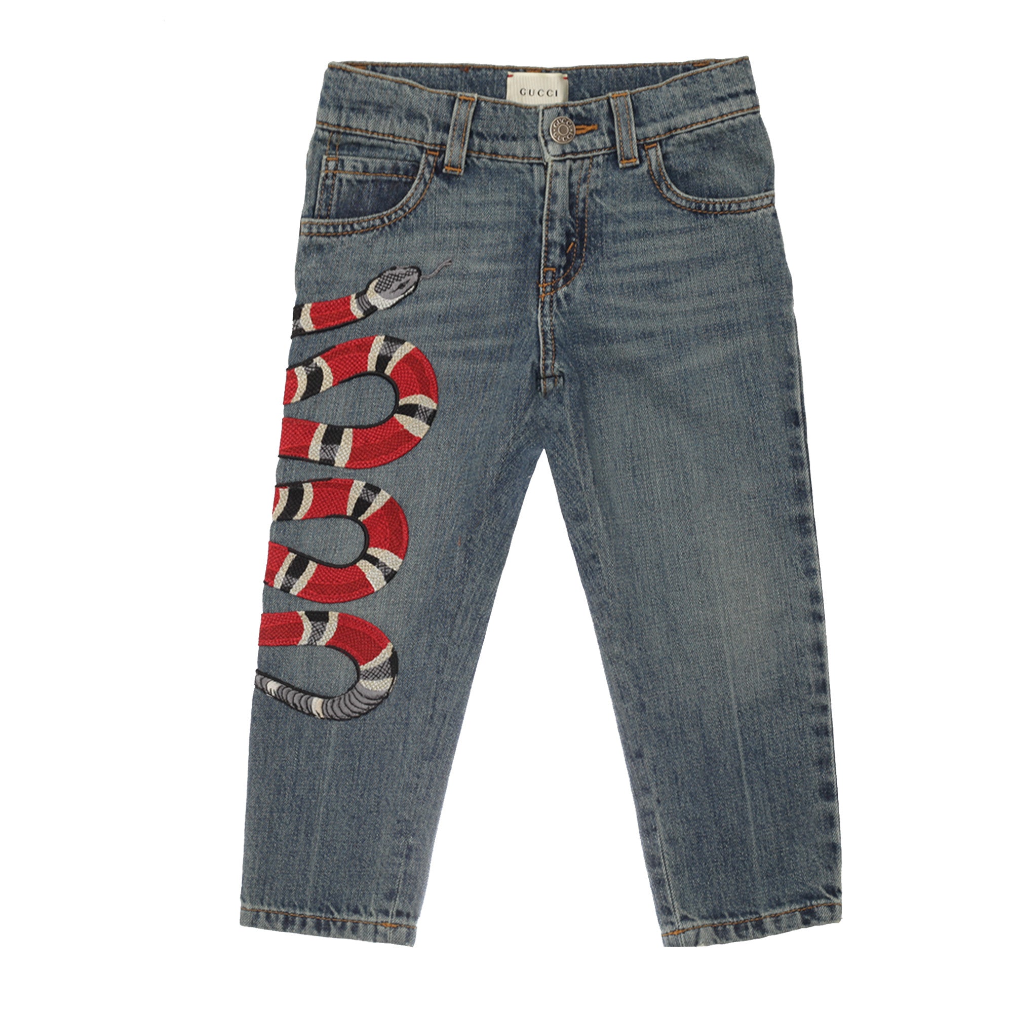 Boys Blue Denim Jeans With Embroidered Snake Trims - CÉMAROSE | Children's Fashion Store - 1