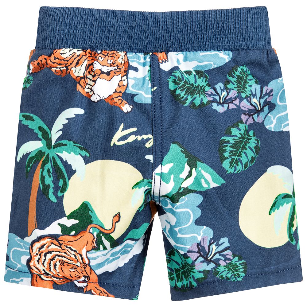 Boys Dark Blue Printed Cotton Shorts