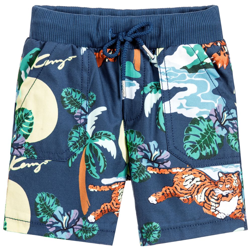 Boys Dark Blue Printed Cotton Shorts