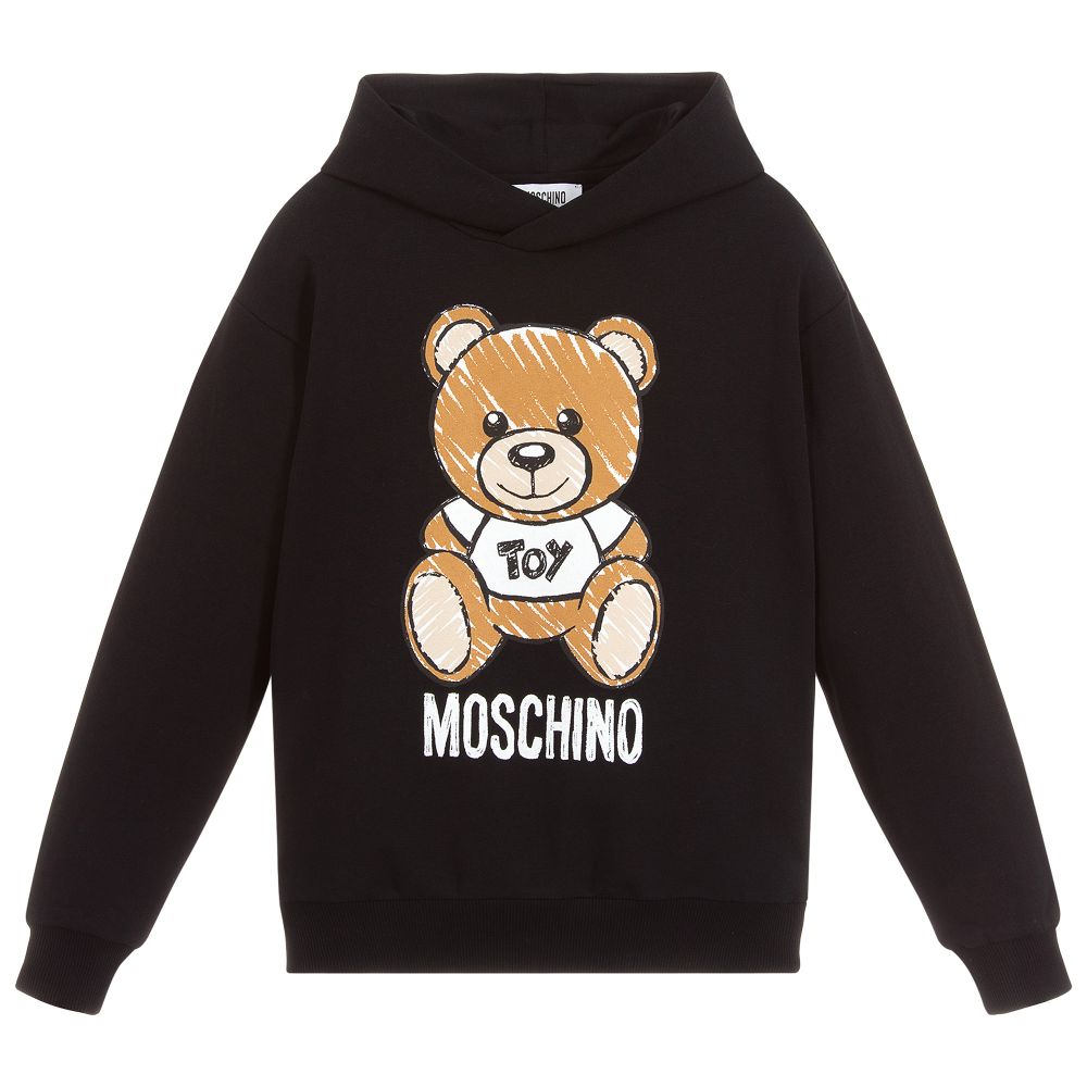 Boys & Girls Black Teddy Hooded Cotton Sweatshirt