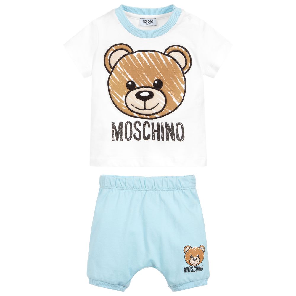 Baby Boys White & Light Blue Cotton Shorts Set