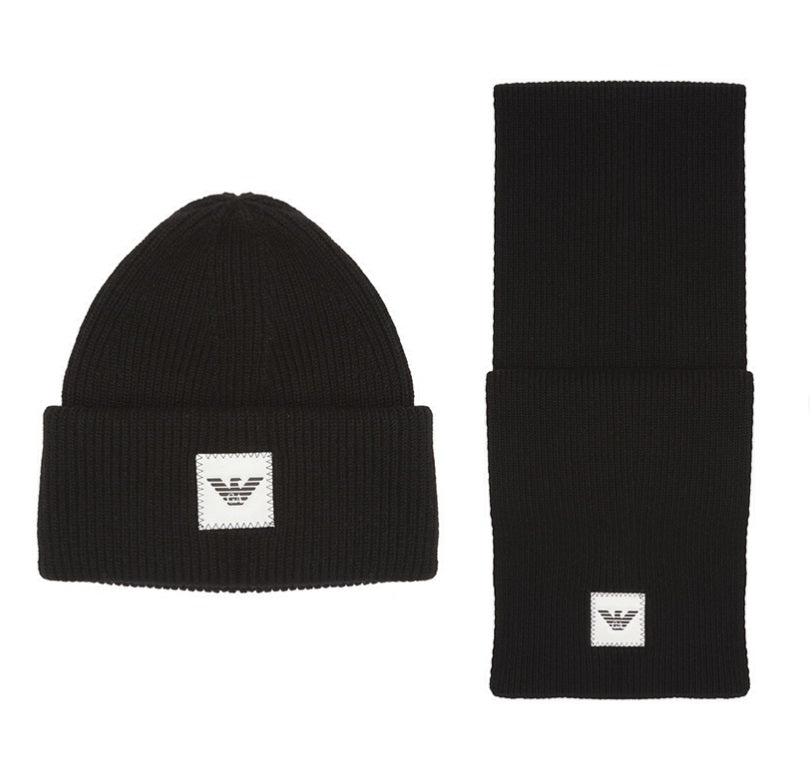 Boys Black Logo Beanie Hat Set