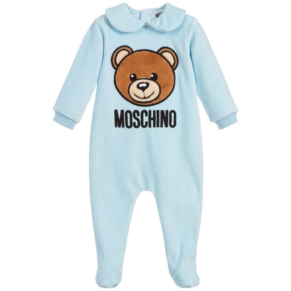 Baby Boys Blue Cotton Velour Babysuit